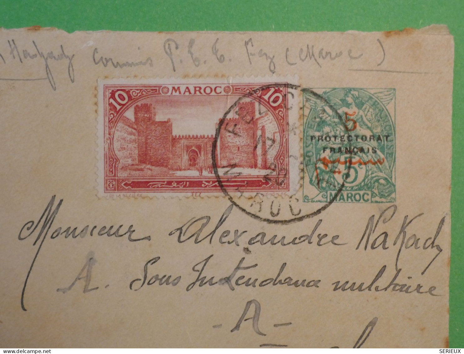 D100  MAROC  LETTRE  DEVANT ENTIER 1920 FEZ A ALGER  ALGERIE +SURCHARGES +AFF. INTERESSANT++++ - Cartas & Documentos