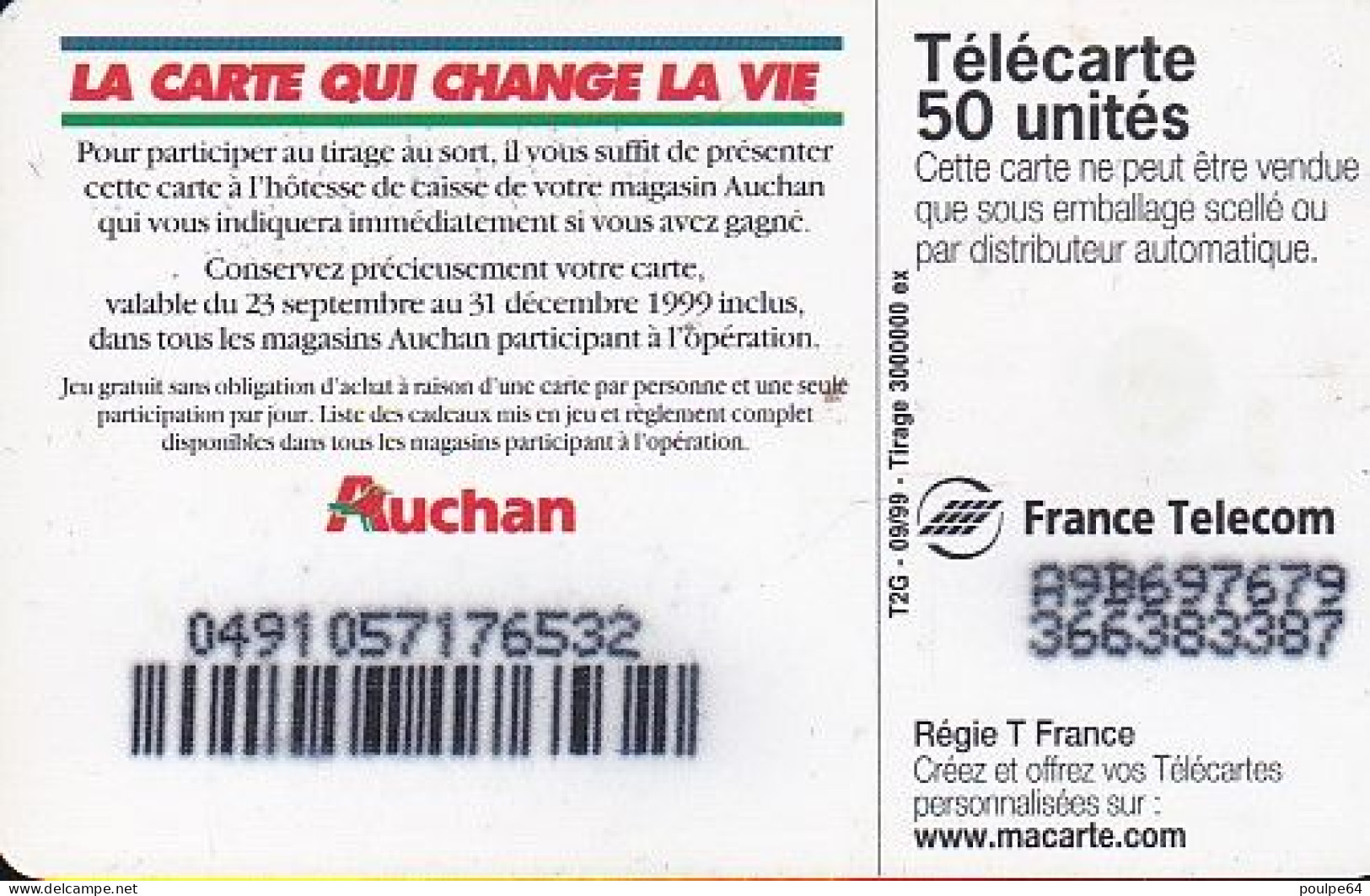 F1010A  09/1999 - AUCHAN ORANGE - 50 SO3 - (verso : N° Sur Fond Noir - Deux Lignes Alignées) - 1999