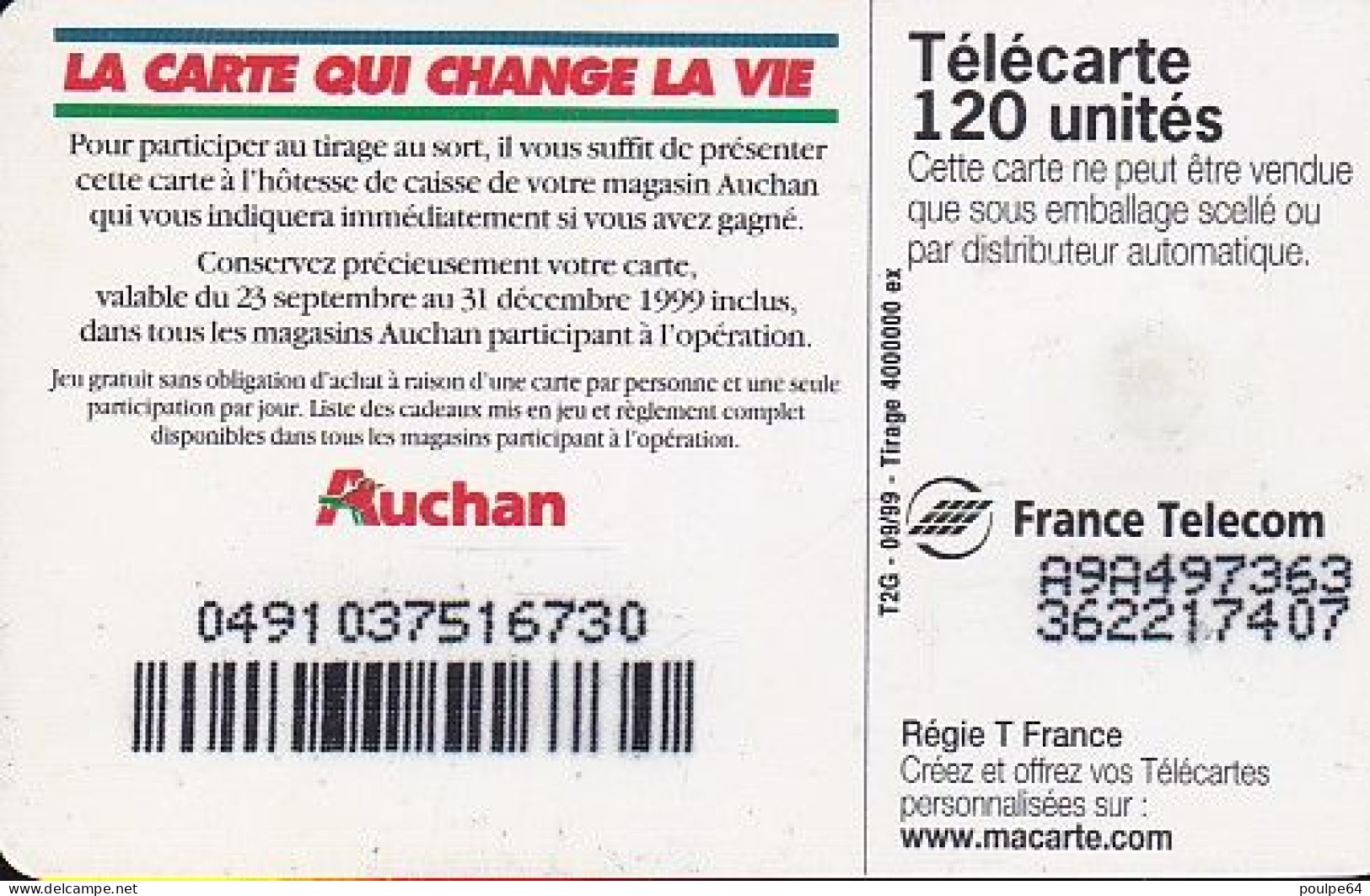 F1011A  09/1999 - AUCHAN ORANGE - 120 SO3 - (verso : Tirage 4 M) - 1999