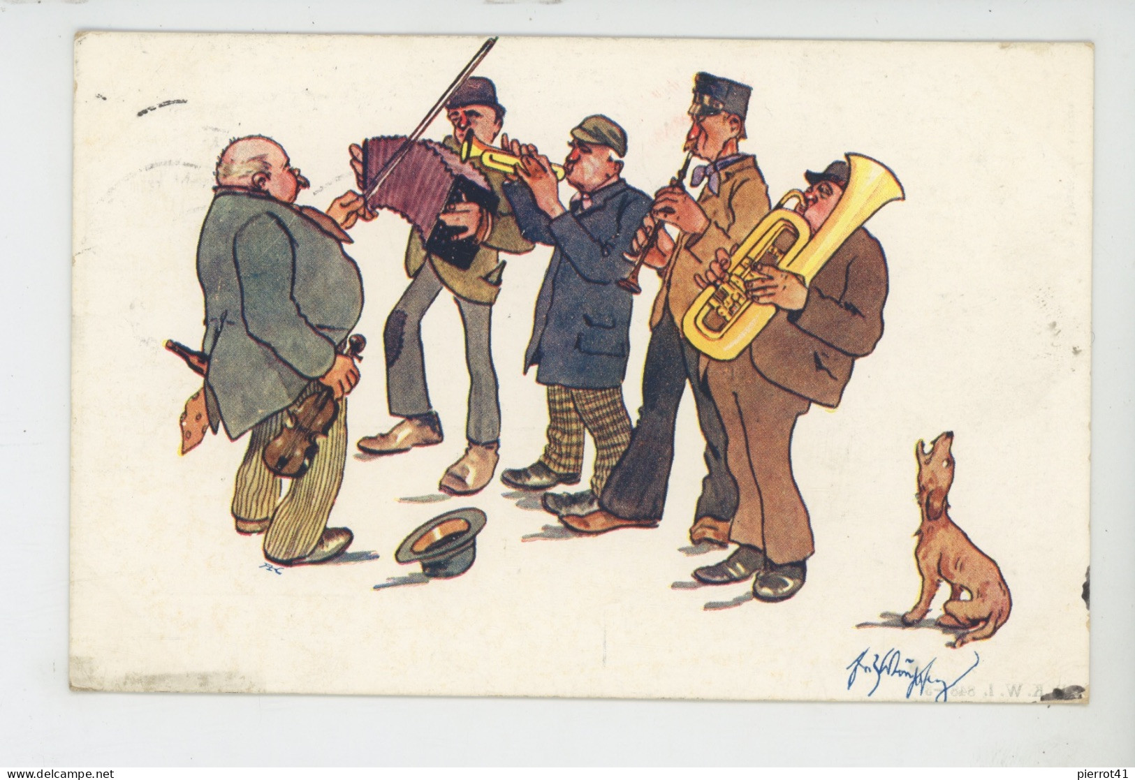 Illustrateur FRITZ SCHOENPFLUG - Jolie Carte Fantaisie Viennoise Musiciens Dans La Rue & Chien Hurlant- B.K. W. I. 848-3 - Schoenpflug, Fritz