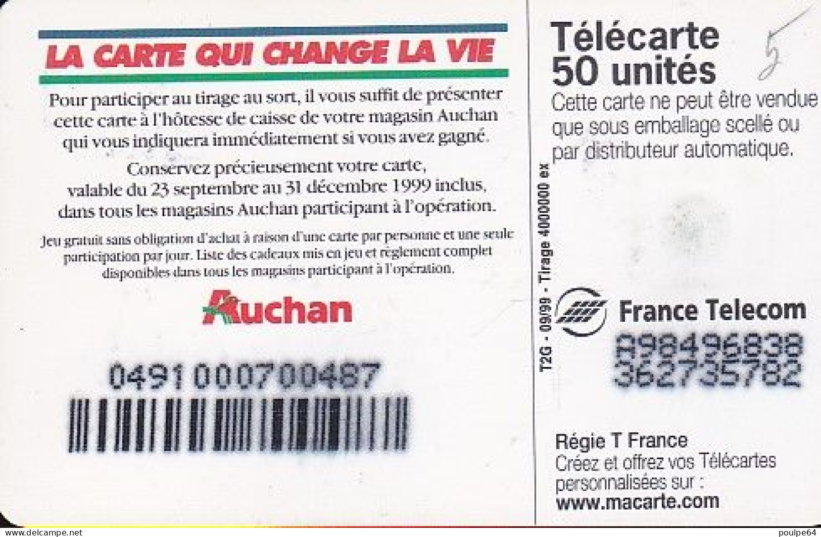 F1012A  09/1999 - AUCHAN PRUNE - 50 SO3 - (verso : N° Sur Fond Noir - Deux Lignes Alignées) - 1999