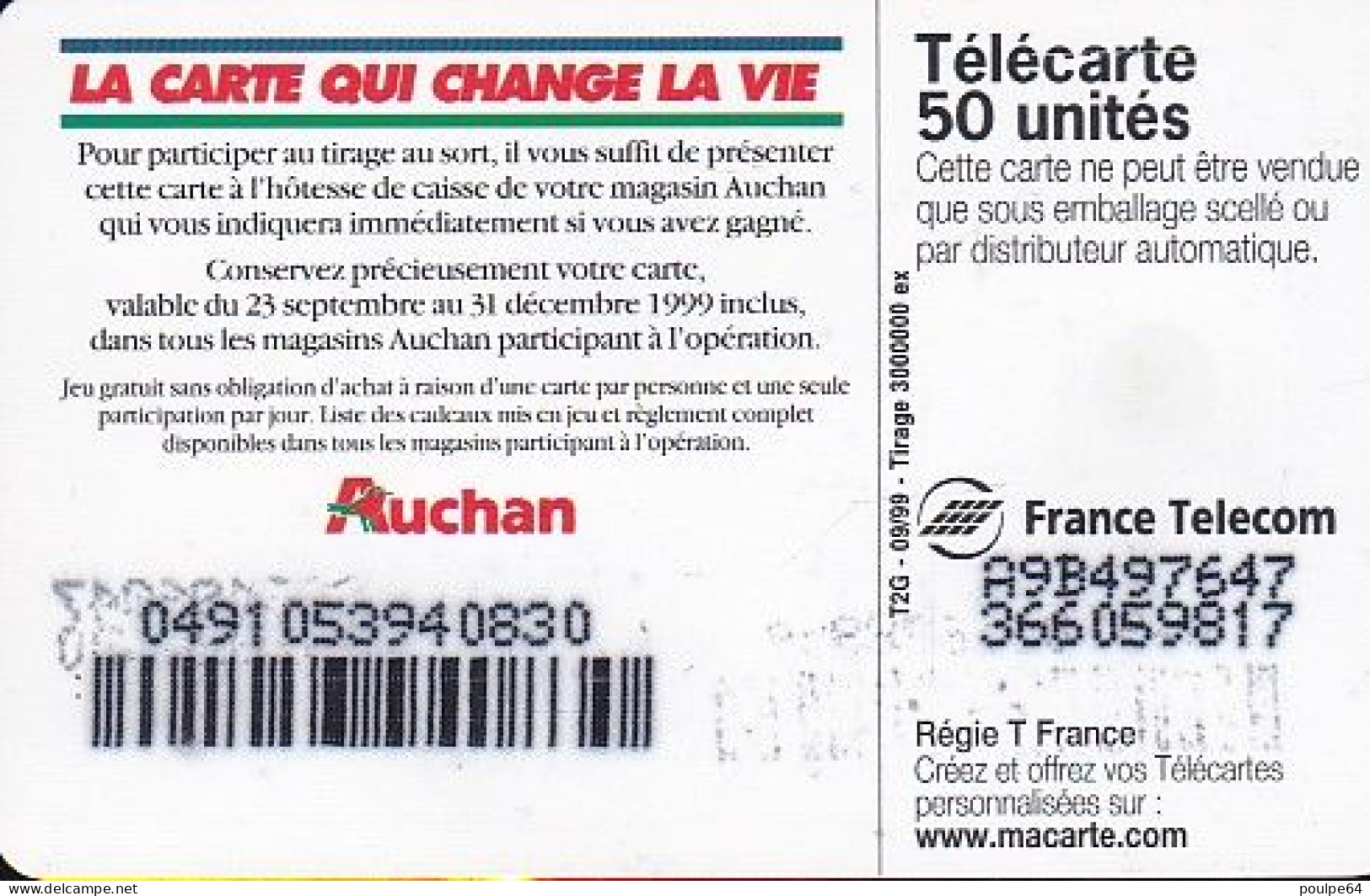 F1014A  09/1999 - AUCHAN ROUGE - 50 SO3 - (verso : N° Impacts - Deux Lignes Alignées) - 1999