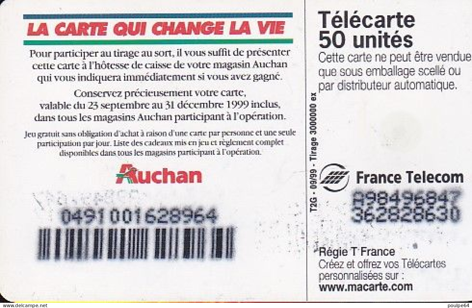 F1014A  09/1999 - AUCHAN ROUGE - 50 SO3 - (verso : N° Sur Fond Noir - Deux Lignes Alignées) - 1999