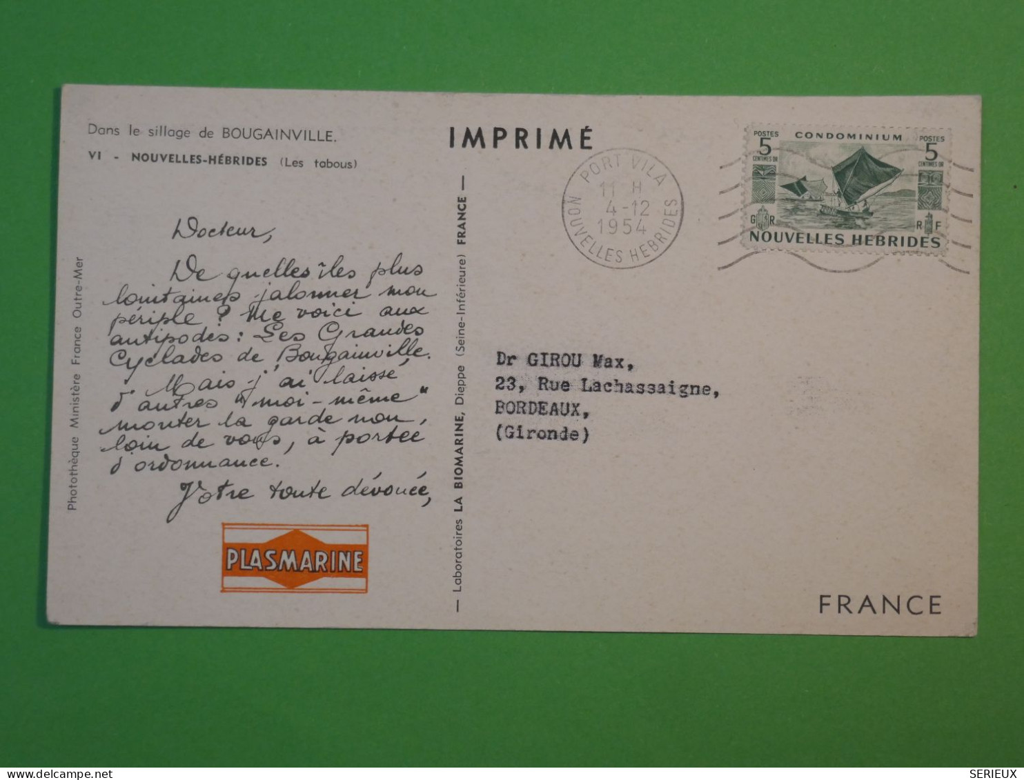 D100 NOUVELLES  HEBRIDES  BELLE CARTE PLASMARINE 1954 PORT VILA  A BORDEAUX ++BOUGAINVILLIERS +AFF. PLAISANT++ - Storia Postale