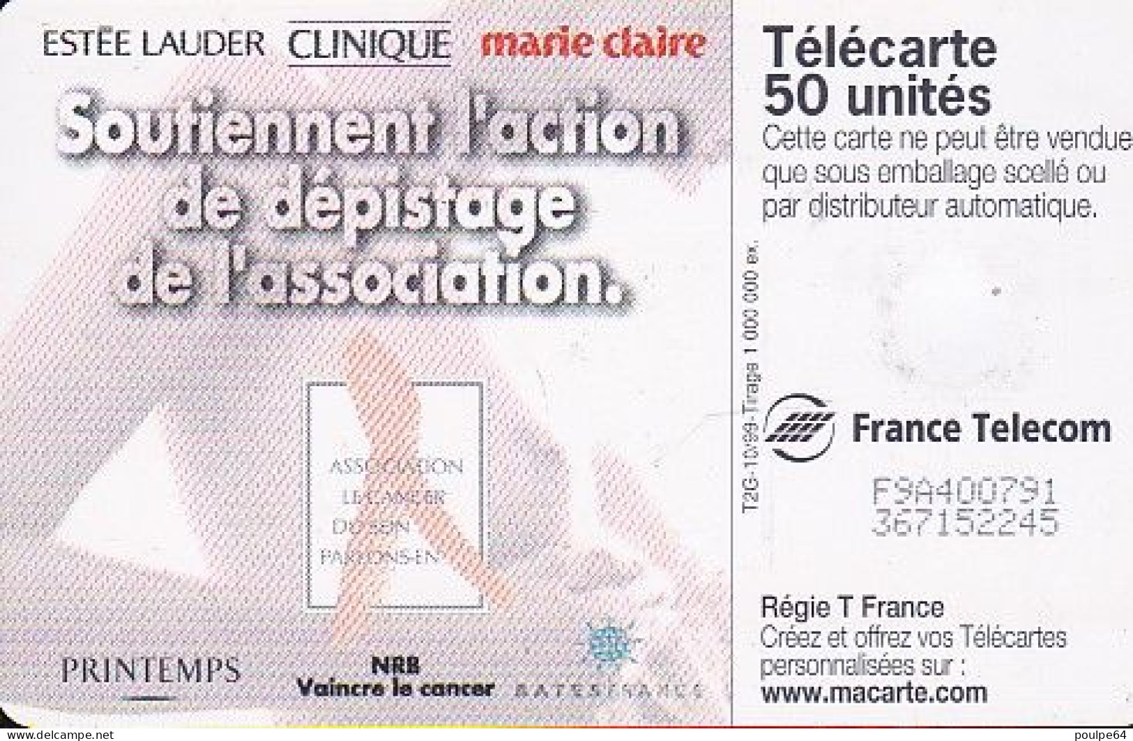 F1016  10/1999 - ESTÉE LAUDER - 50 LG1 - (verso : N° F+9+A+6 Chiffres - Le 4 Fermé - Deux Lignes Alignées) - 1999