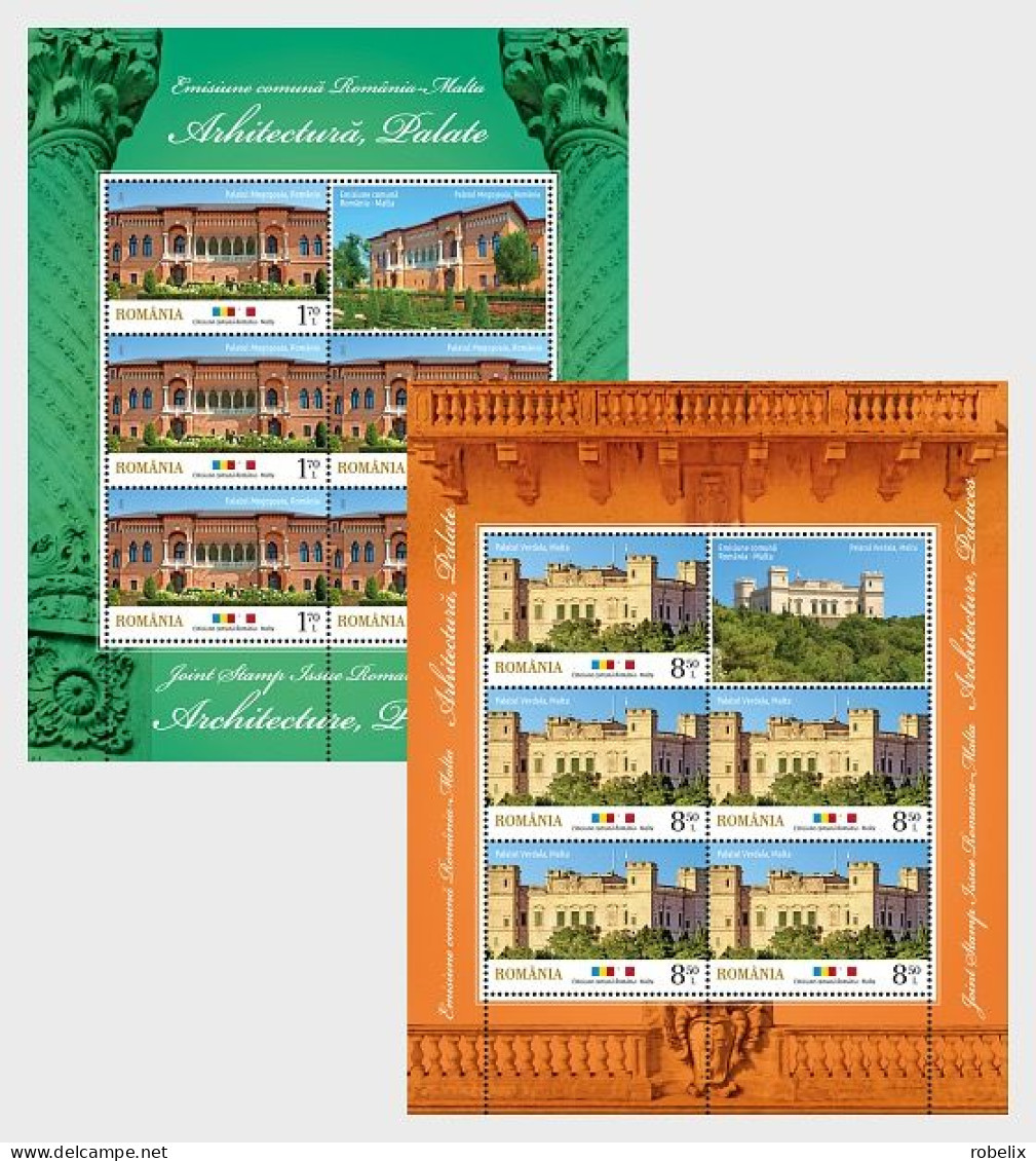 ROMANIA 2019 Joint Issue Romania-Malta, Architecture Palaces - Sheetlets Of 5 Stamps+1 Label MNH** - Joint Issues