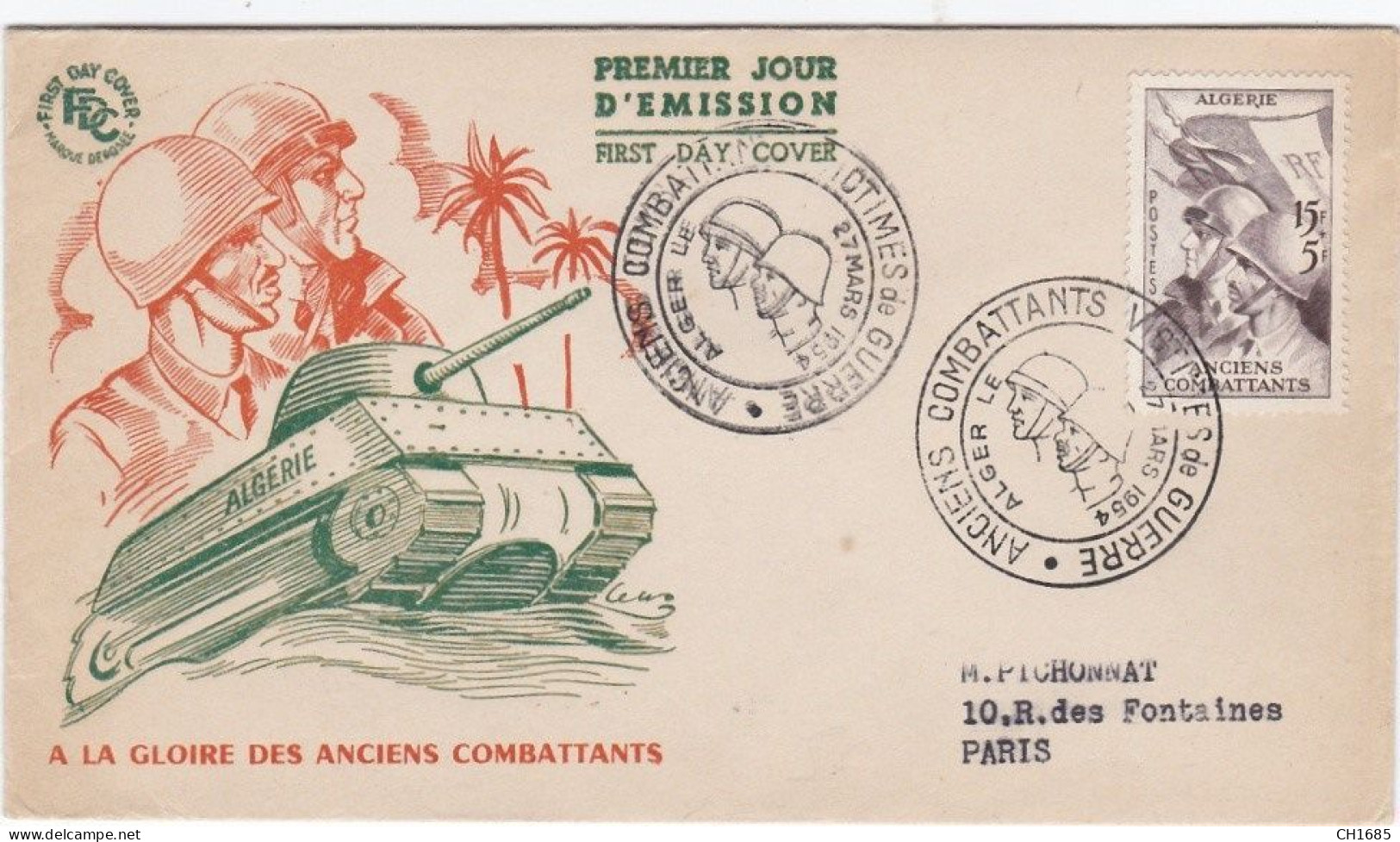 ALGERIE : FDC Anciens Combattants De Guerre Alger 1954 . Char - FDC