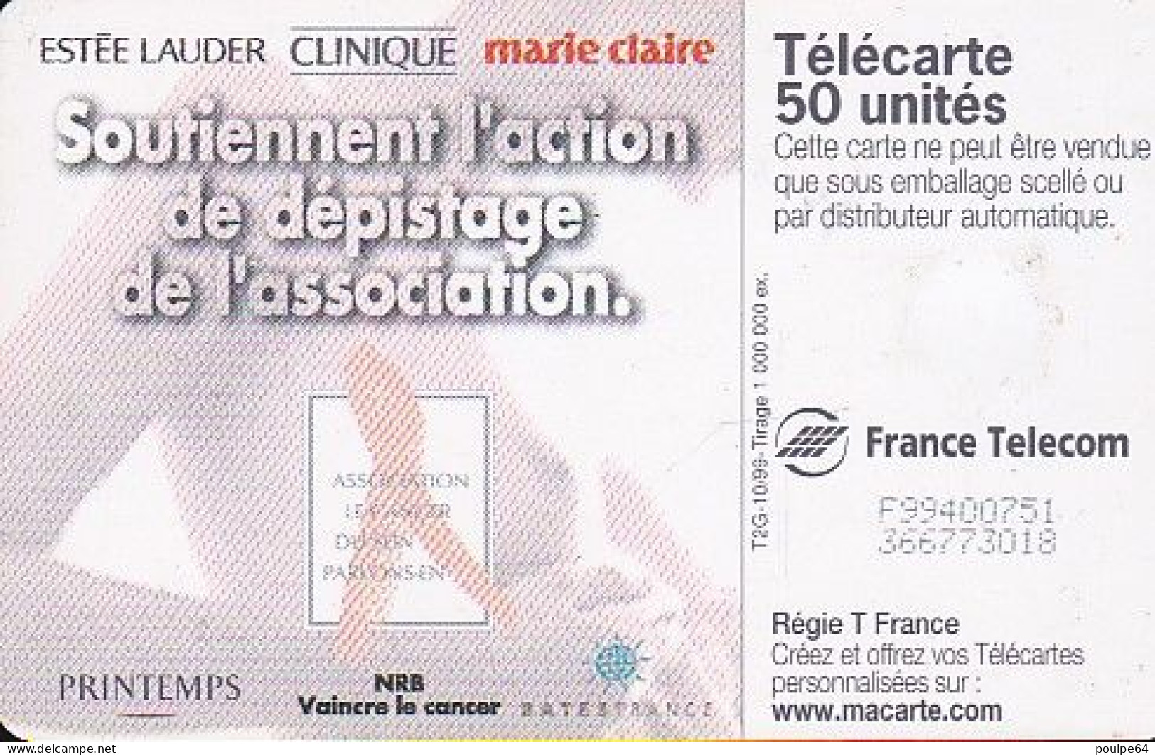 F1016  10/1999 - ESTÉE LAUDER - 50 LG1 - (verso : N° F+8 Chiffres - Le 4 Fermé - Deux Lignes Alignées) - 1999