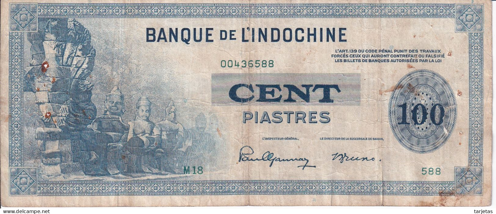 BILLETE DE BANQUE DE L'INDOCHINE DE 100 PIASTRES DEL AÑO 1945 (BANKNOTE) - Indocina