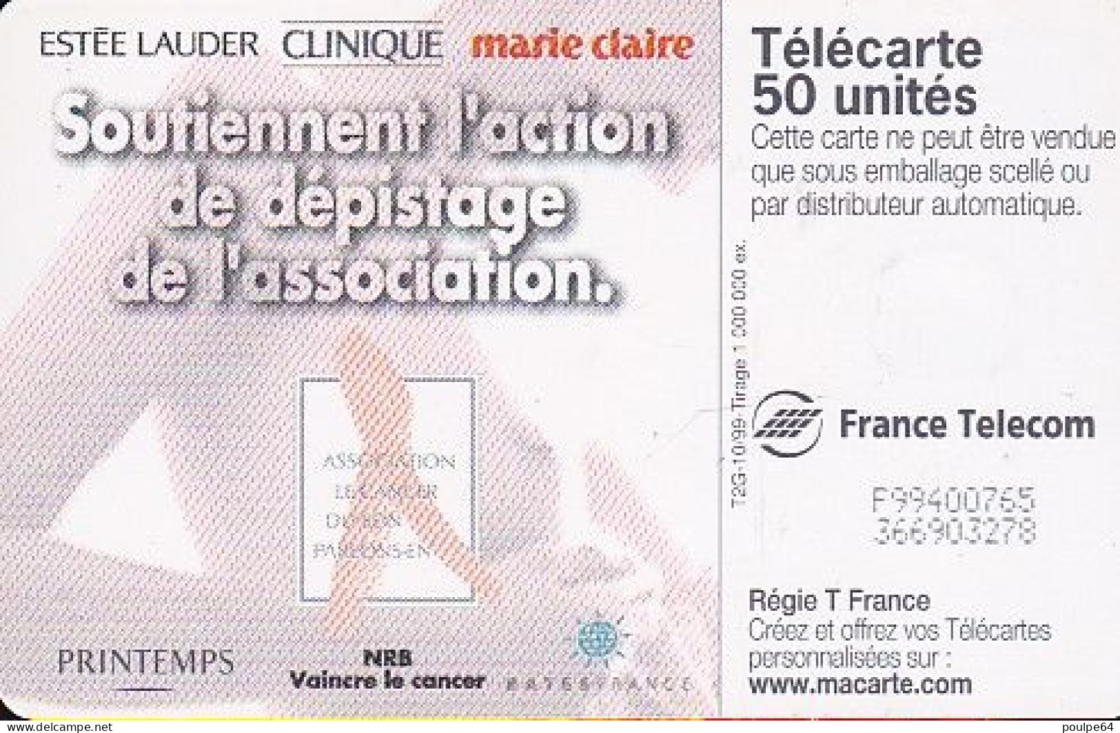 F1016  10/1999 - ESTÉE LAUDER - 50 LG1 - (verso : N° F+8 Chiffres - Le 4 Ouvert - Deux Lignes Alignées) - 1999