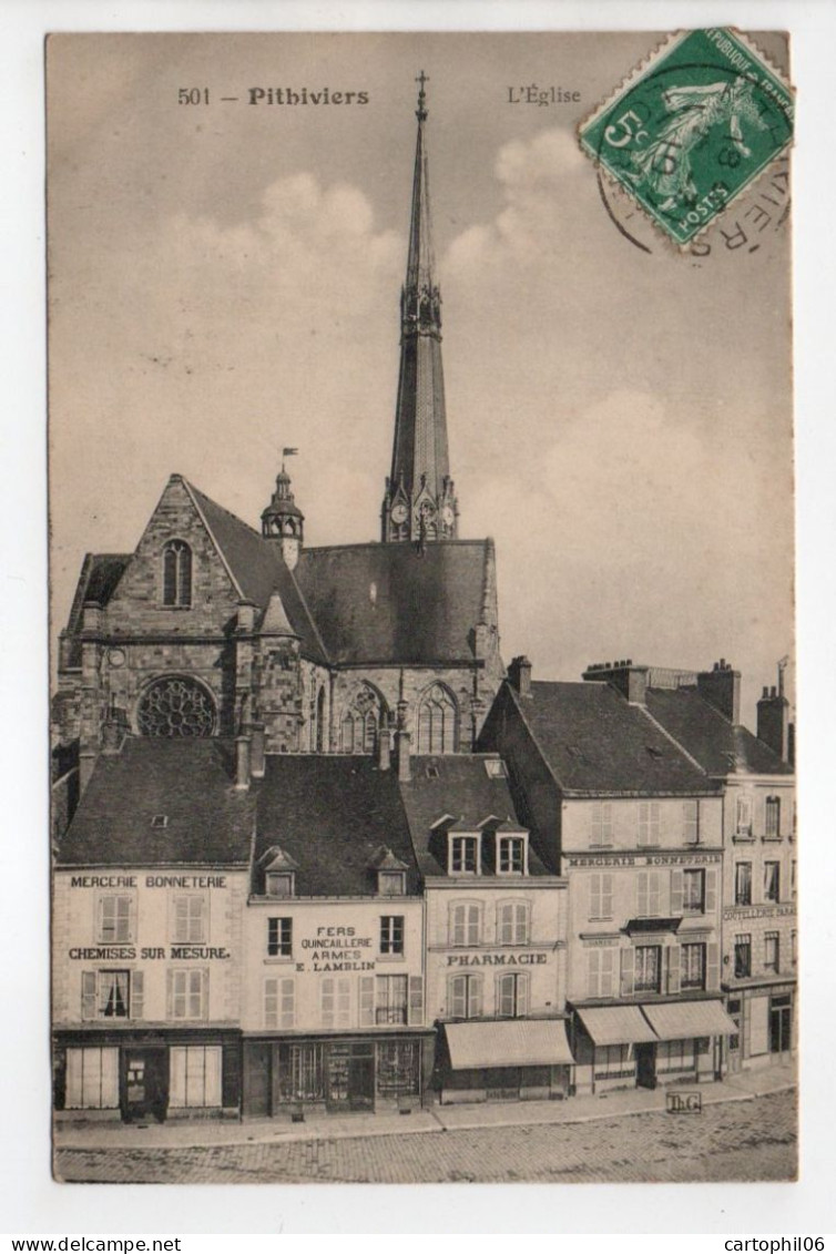 - CPA PITHIVIERS (45) - L'Église 1910 (MERCERIE BONNETERIE, QUINCAILLERIE LAMBLIN, PHARMACIE) - - Pithiviers