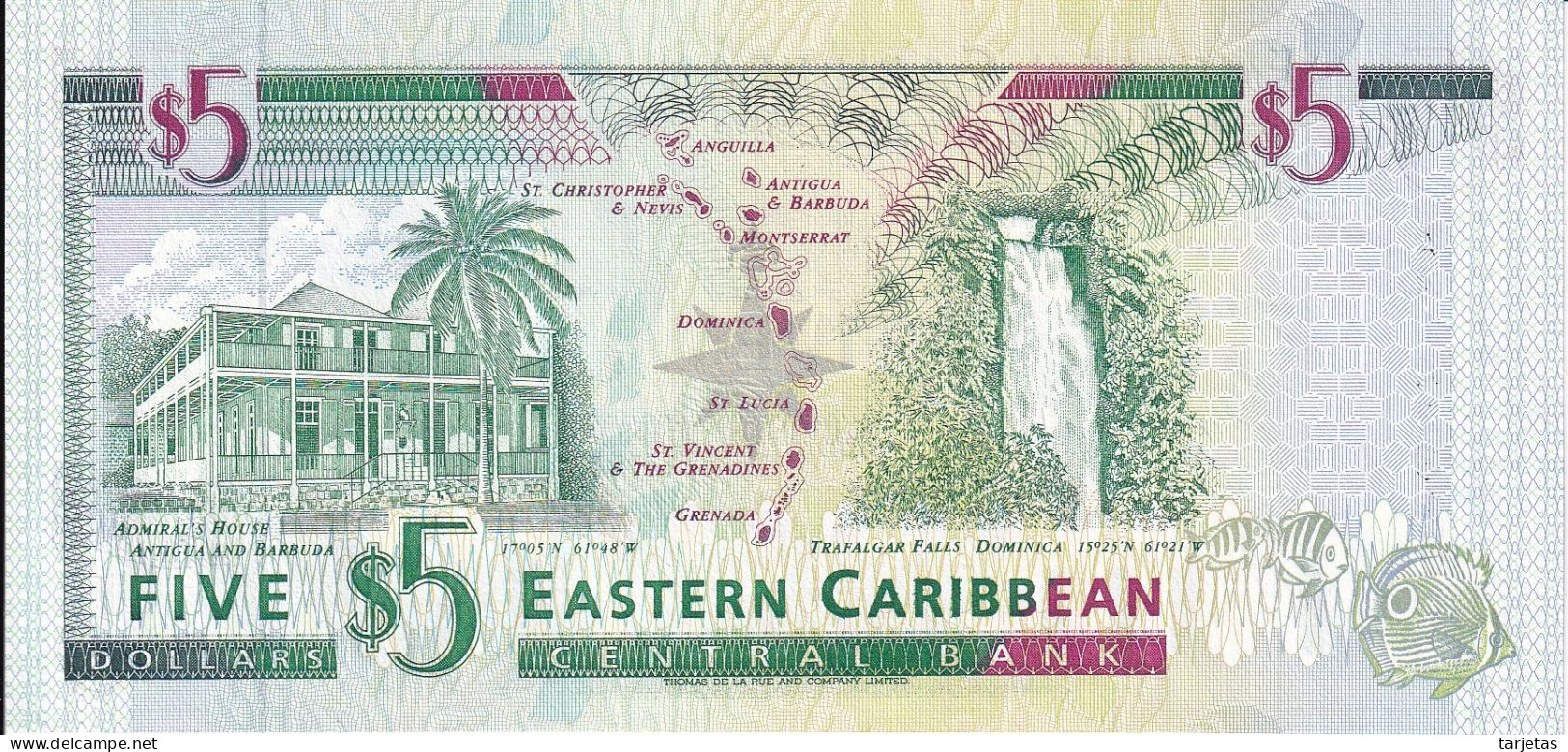 BILLETE DE MONTSERRAT - EASTERN CARIBBEAN CENTRAL DE 5 DOLLARS DEL AÑO 1993 SIN CIRCULAR (UNC) (BANKNOTE) - Caraïbes Orientales