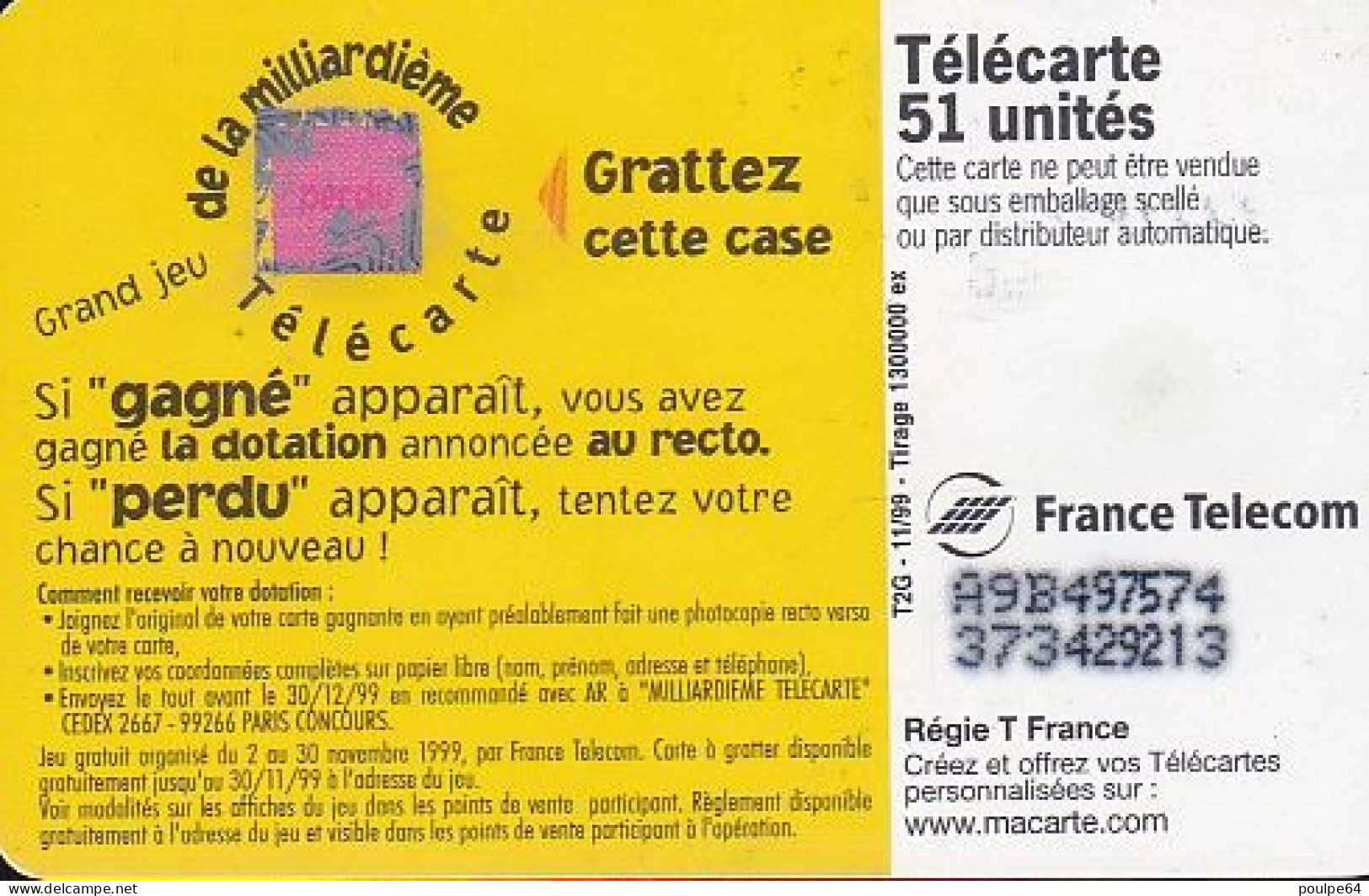 F1021A  11/1999 - MILLIARDIÈME ROLLERS - 51 SO3 - (verso : N° Sur Fond Noir - Deux Lignes Alignées) - 1999