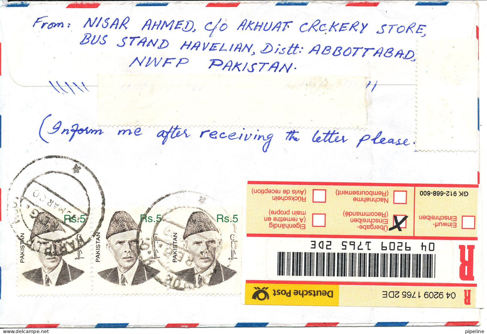 Pakistan Registered Air Mail Cover Sent To Germany 7-3-2000 - Pakistan