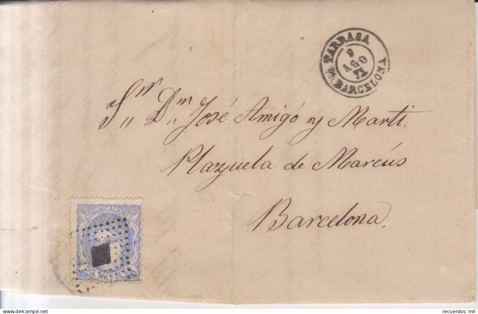 Año 1870 Edifil 107 Alegoria Carta Matasellos Rombo Tarrasa Barcelona Pablo Alegre - Storia Postale