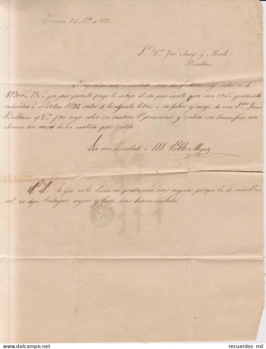 Año 1870 Edifil 107 Alegoria Carta Matasellos Rombo Tarrasa Barcelona Pablo Alegre - Cartas & Documentos