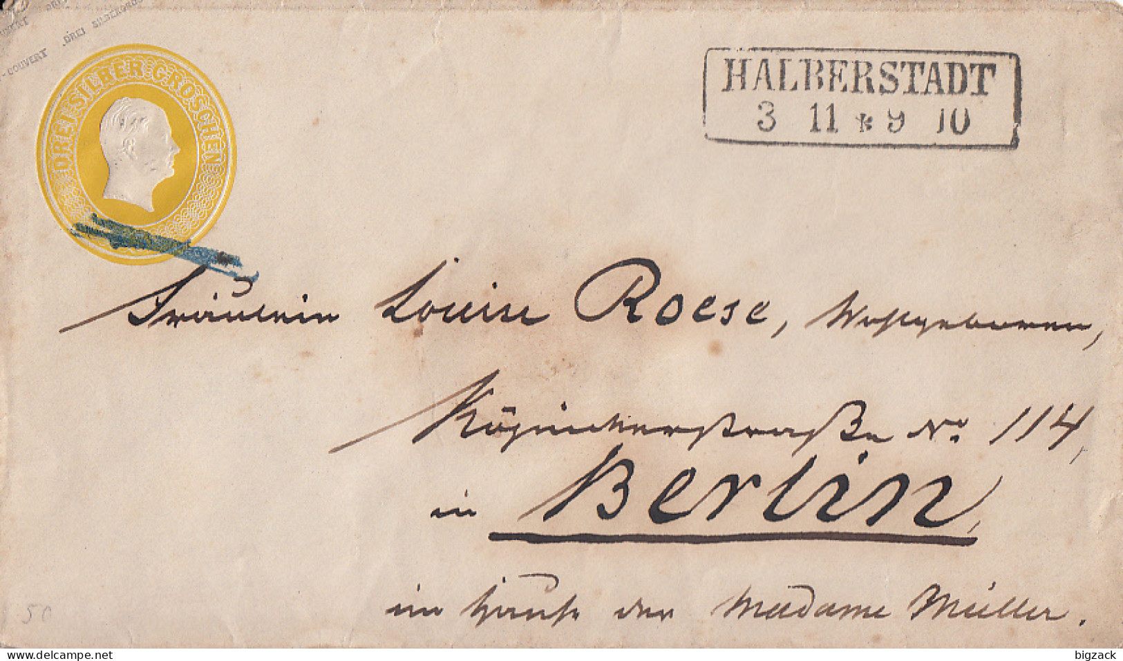 Preussen GS-Umschlag 3 Silbgr. R2 Halberstadt 3.11. Gel. Nach Berlin - Postal  Stationery