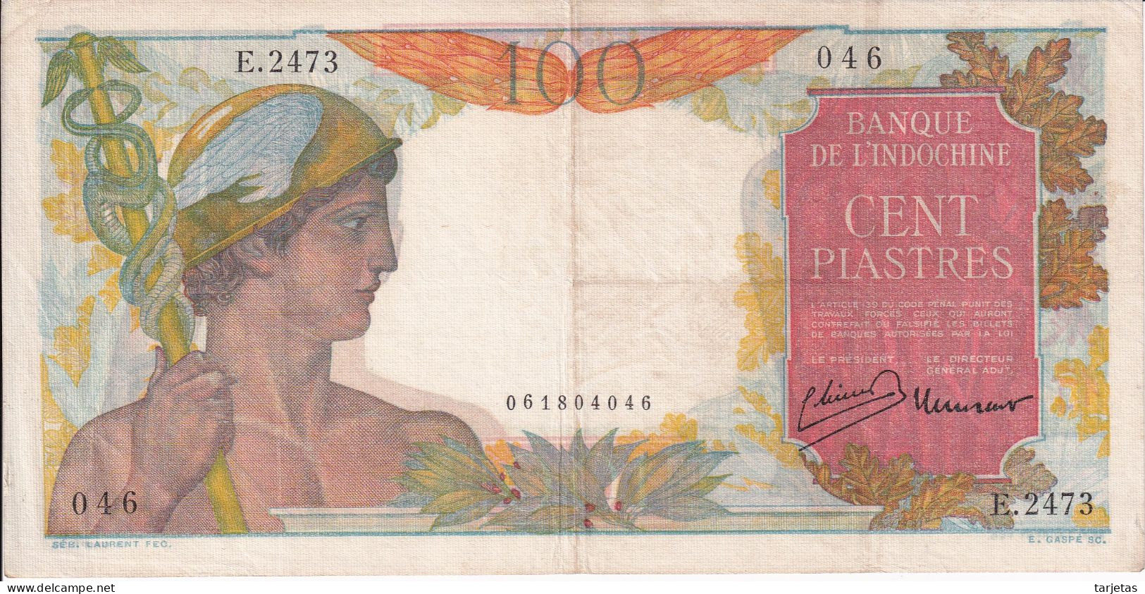 BILLETE DE BANQUE DE L'INDOCHINE DE 100 PIASTRES DEL AÑO 1947 (BANKNOTE) ELEFANTE - ELEPHANT - Indocina