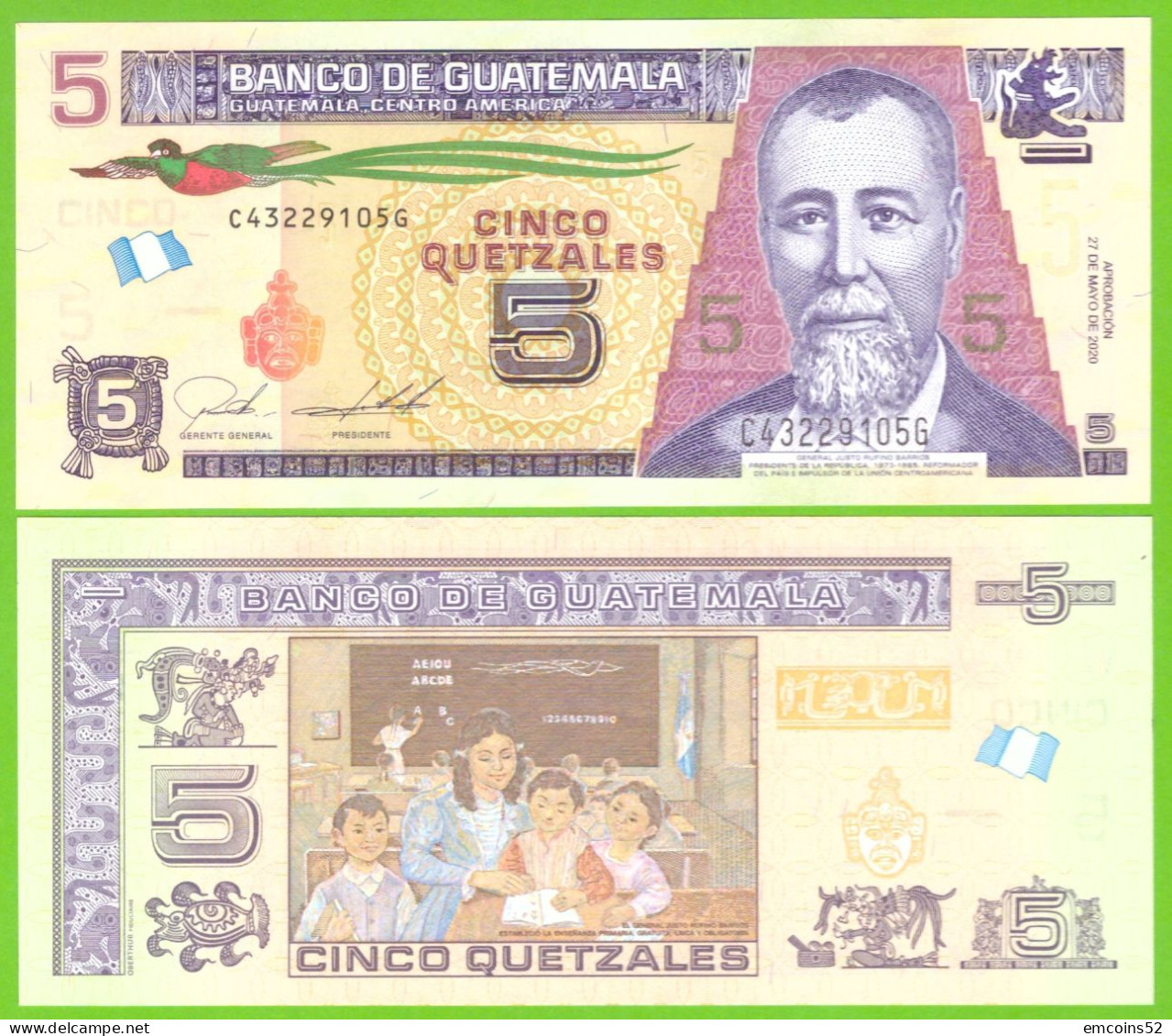 GUATEMALA 5 QUETZALES 2020 P-W122A UNC - Guatemala