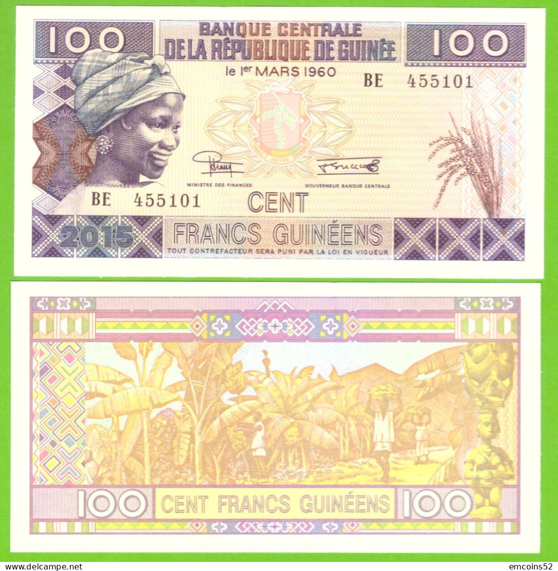 GUINEA  100 FRANCS 2015 P-A47  UNC - Guinée