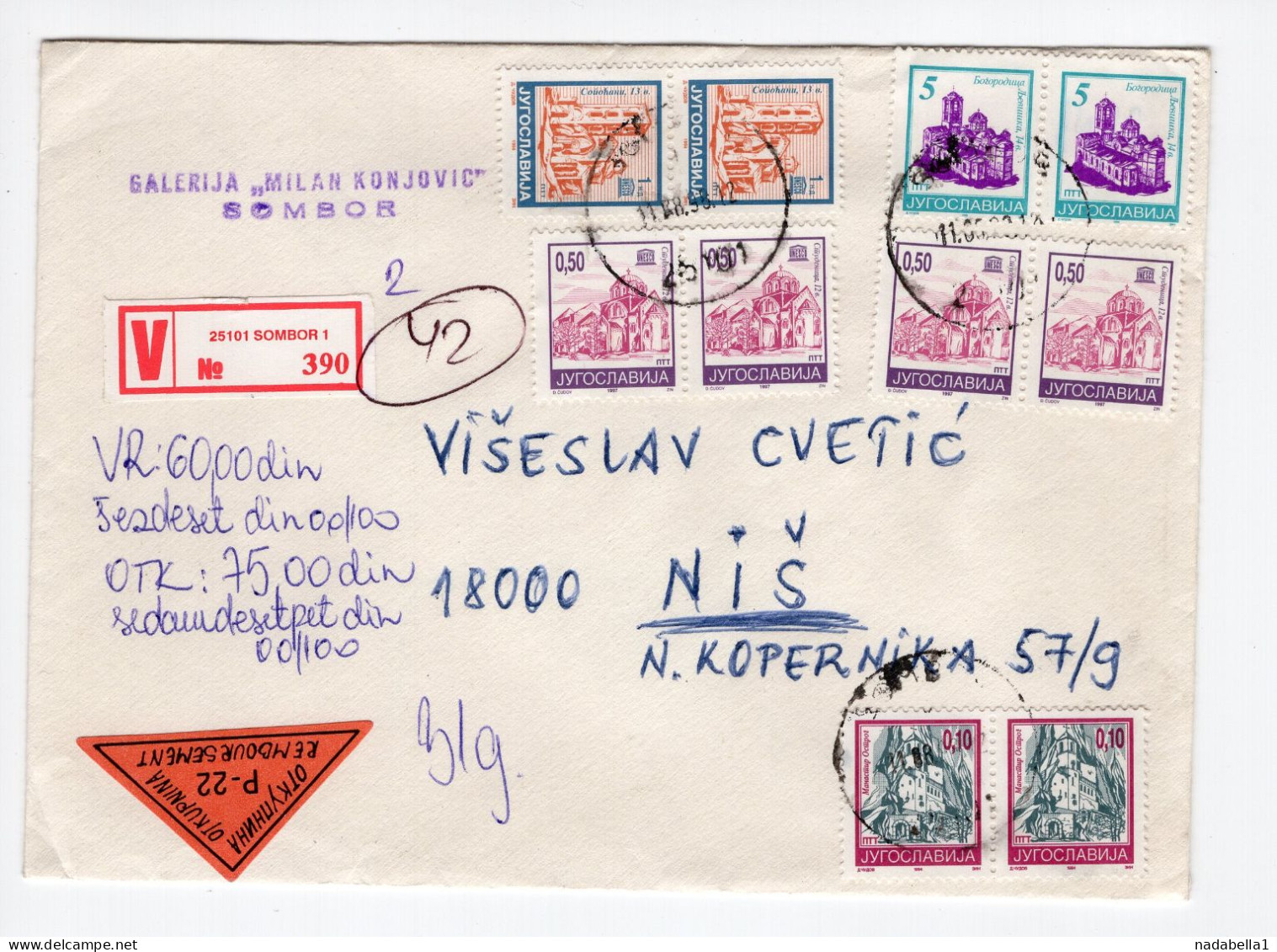 1996. YUGOSLAVIA,SERBIA,SOMBOR TO NIS,VALUE COVER,REIMBURSEMENT LABEL - Storia Postale