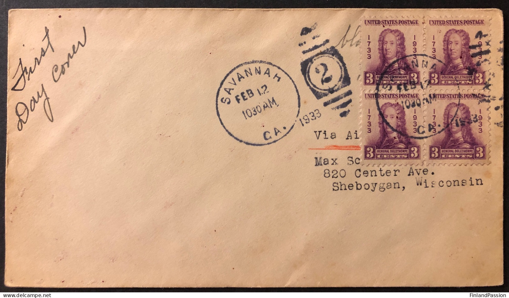 1933, 12 February, FDC With 4 X Scott 726, Gen. Oglethorpe, Savannah, California, Unopened - 1851-1940