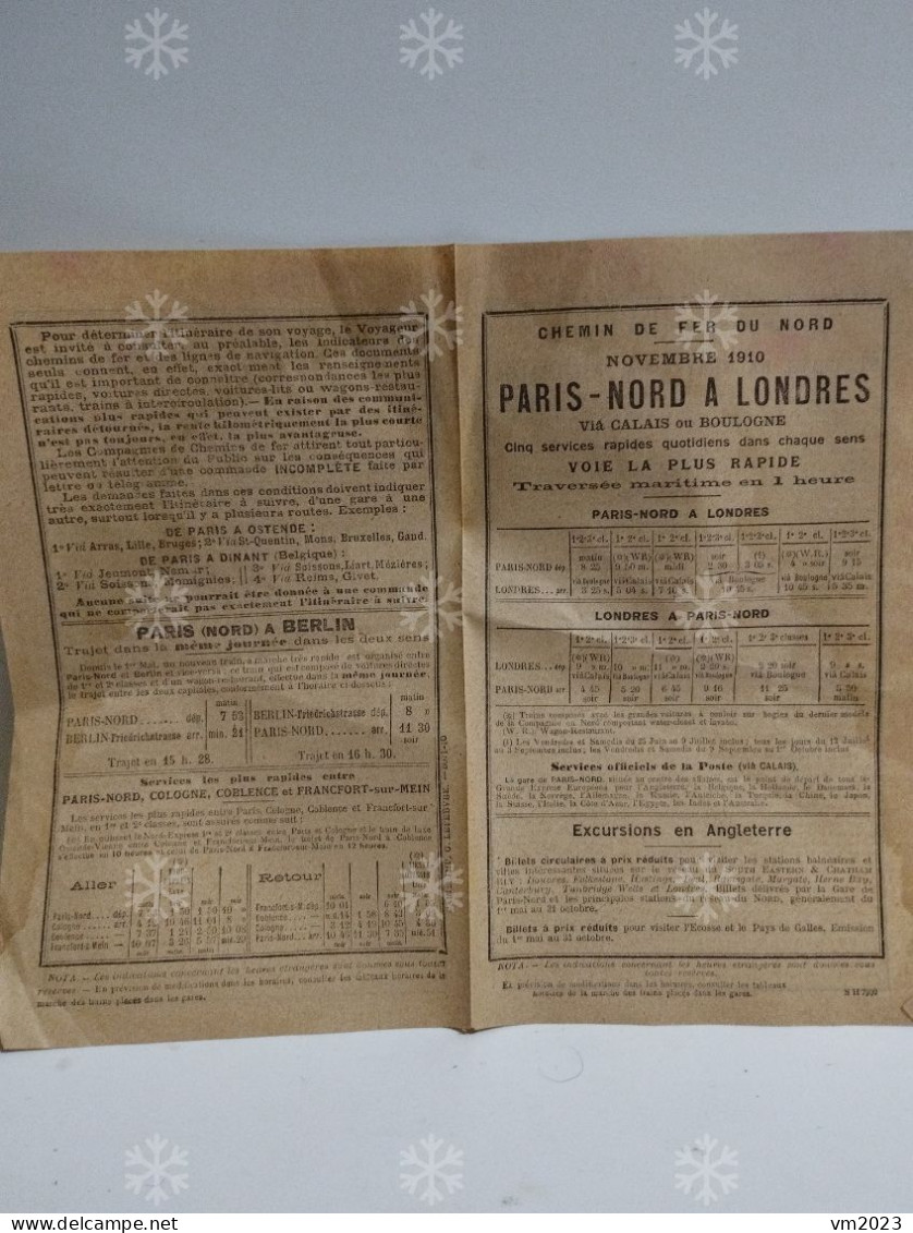Railway Timetables. Horaires Ferroviaires PARIS NORD Vers LONDRES, BERLIN, Etc. 1910 - Europe