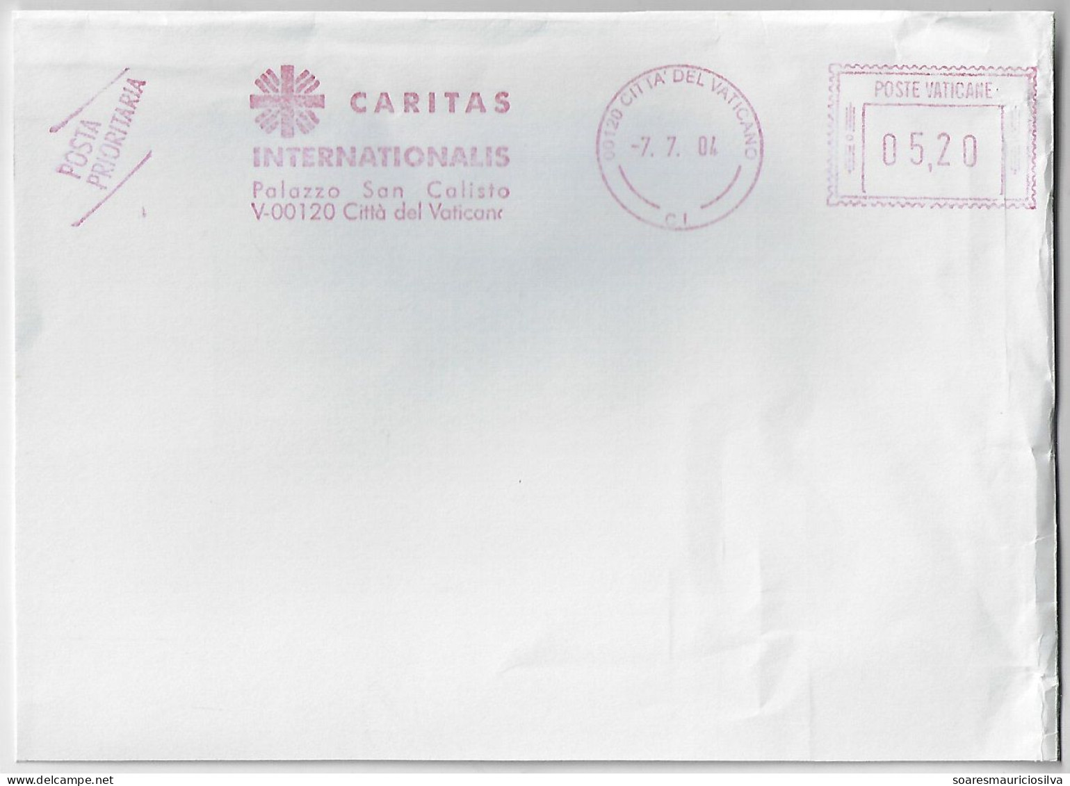 Vatican 2004 Priority Cover Fragment Meter Stamp Neopost Electronic Slogan Caritas Internationalis Charity International - Covers & Documents