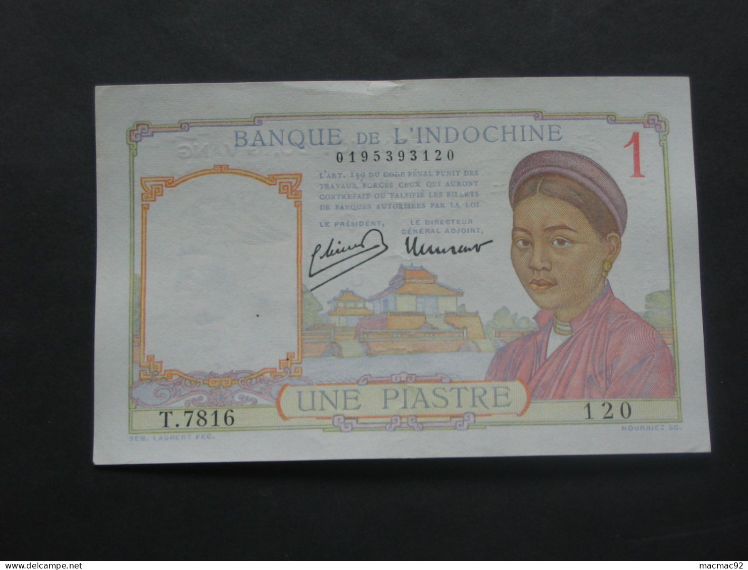 INDOCHINE Une  Piastre 1949  - Banque De L'Indochine - Giay Môt Dông Vang  **** EN ACHAT IMMEDIAT **** - Indocina
