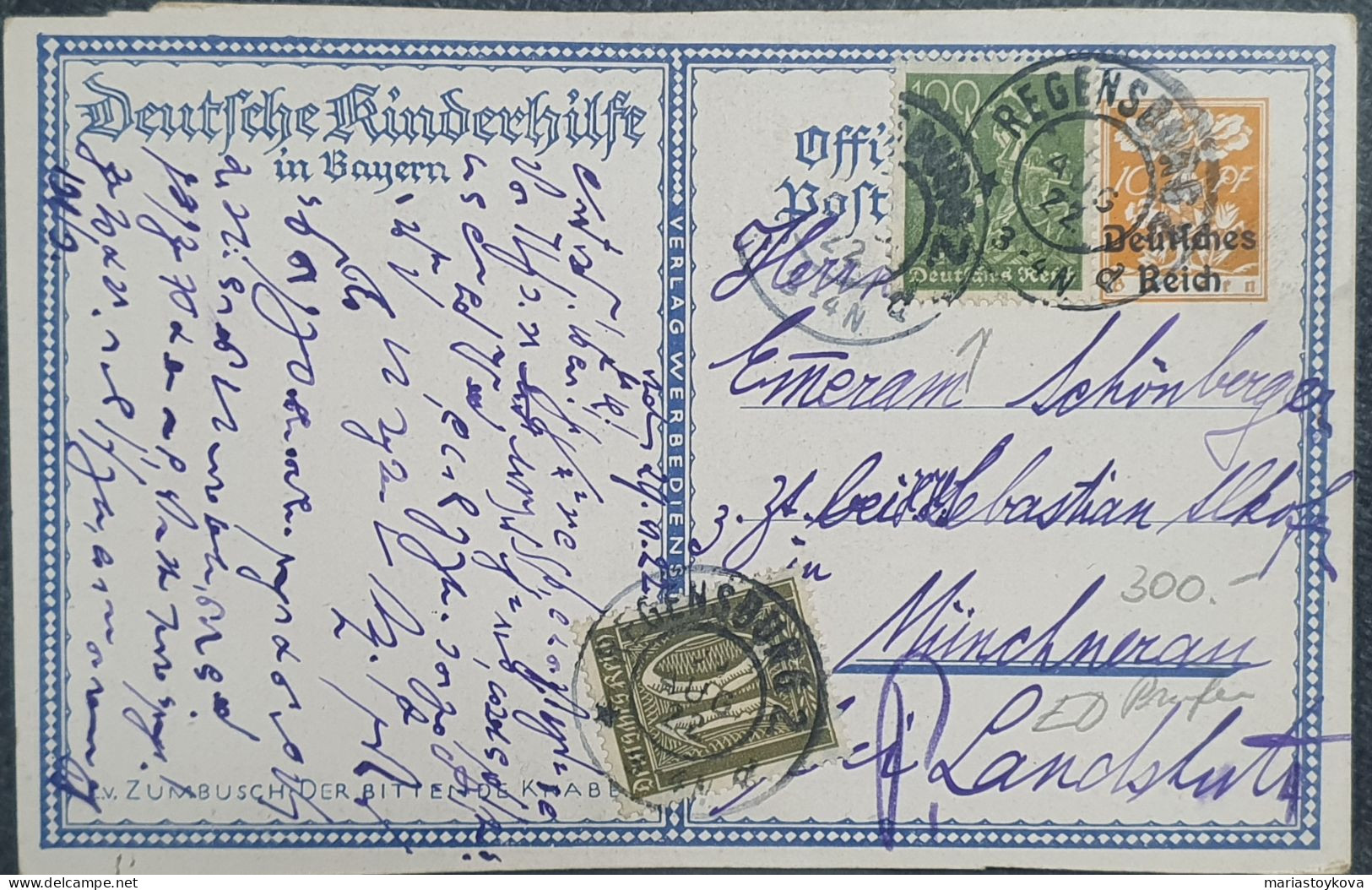 Zumbusch, Ludwig. DR-Infla - Deutsche Kinderhilfe I. Bayern 10 Pfg. Privat-GA-Karte Regensburg 1922 - Zumbusch, Ludwig V.