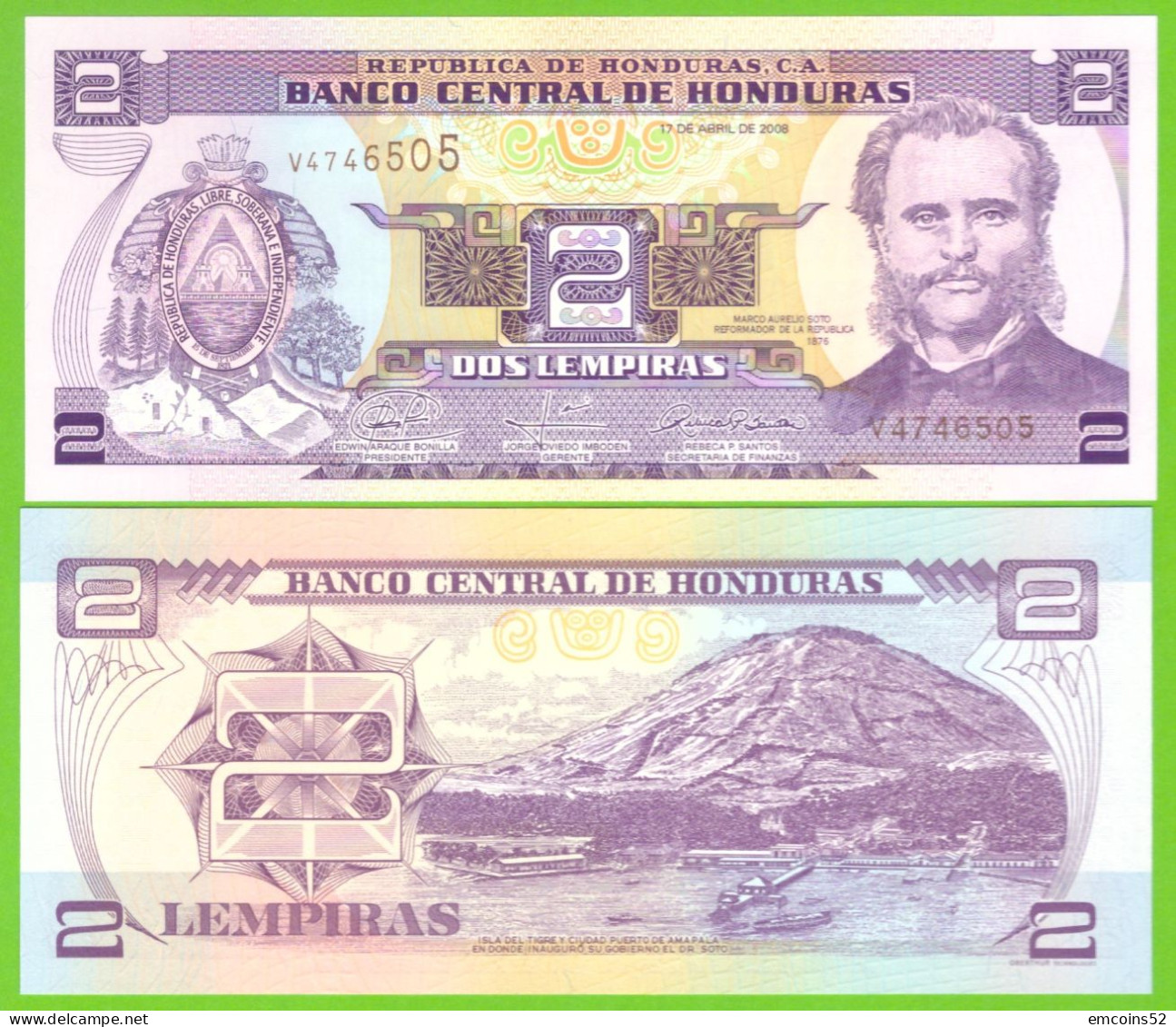 HONDURAS 2 LEMPIRAS 2008  P-80Ag UNC - Honduras