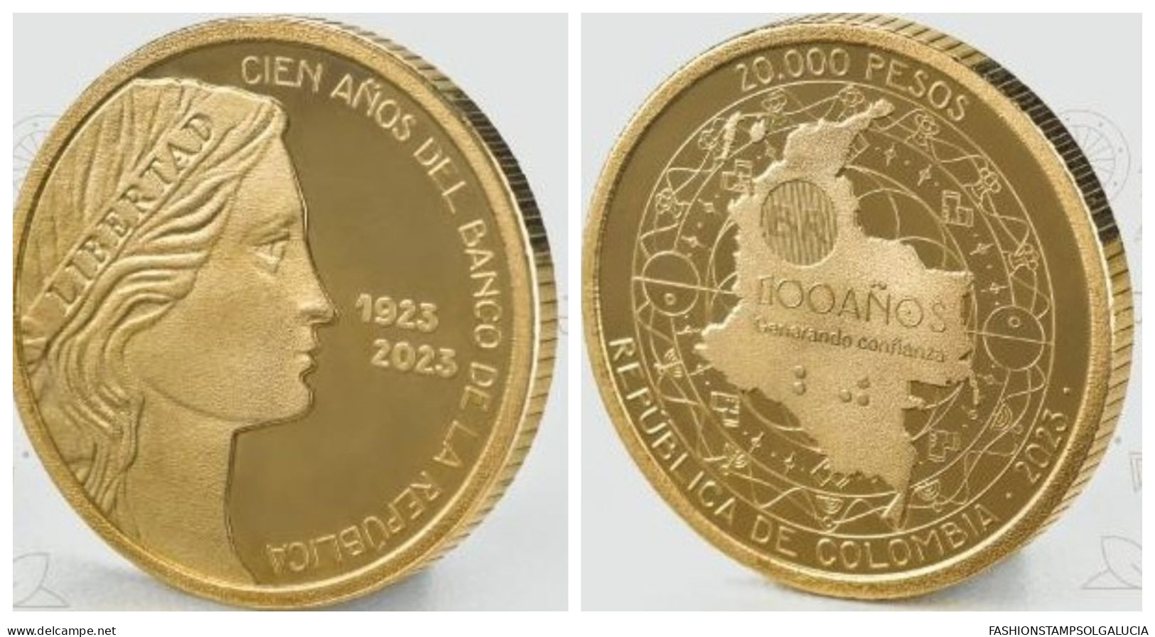 2023 COLOMBIA. CURRENCY, COIN 20000 PESOS, FEMALE FIGURE - THE REPUBLIC. MARIANA, MAP OF COLOMBIA WITH SYMBOLS OF THE PR - Colombia