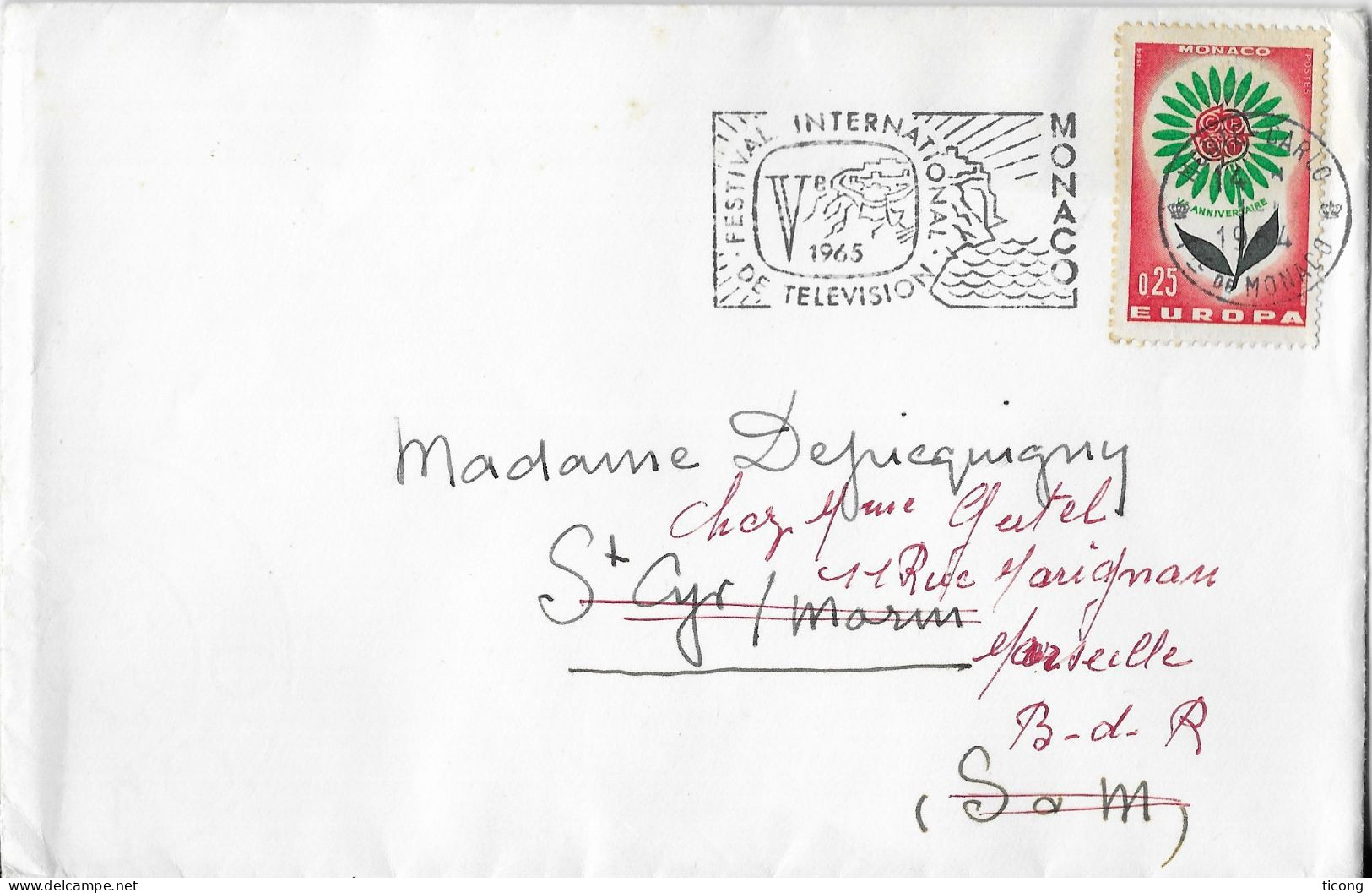 LETTRE ENTIERE MONACO 1964 - FLAMME FESTIVAL INTERNATIONAL DE LA TELEVISION, CACHET D ARRIVEE SAINT CYR SUR MORIN - Lettres & Documents