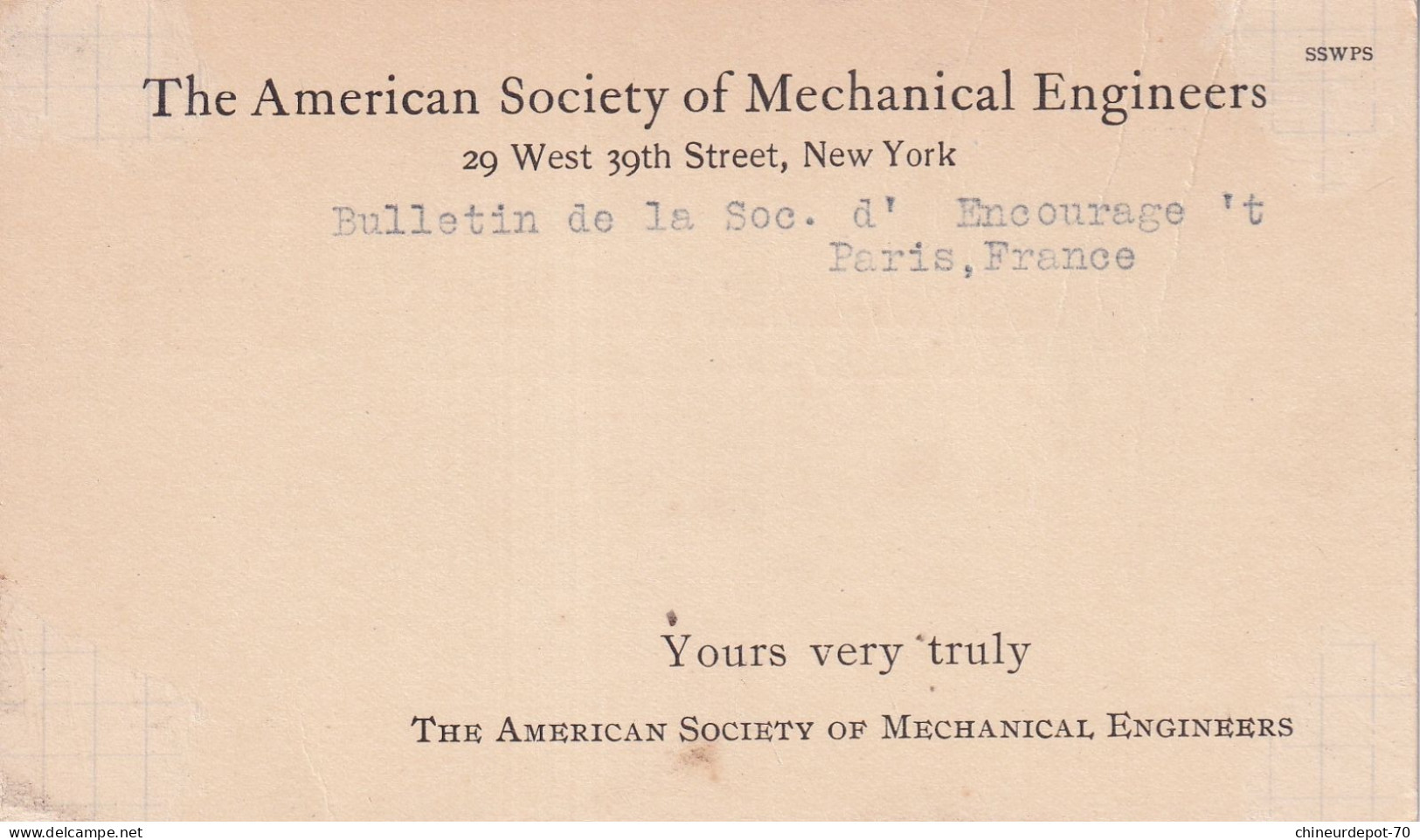 Postal Card The American Society Of Mechanical Engineers New York , Paris France - Other & Unclassified