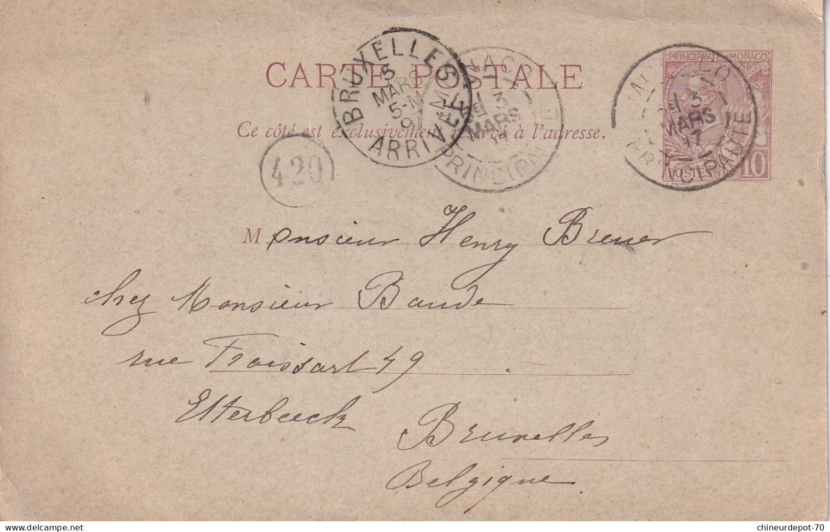Carte Postale Monaco 1897 Bruxelles Mars 97 - Entiers Postaux