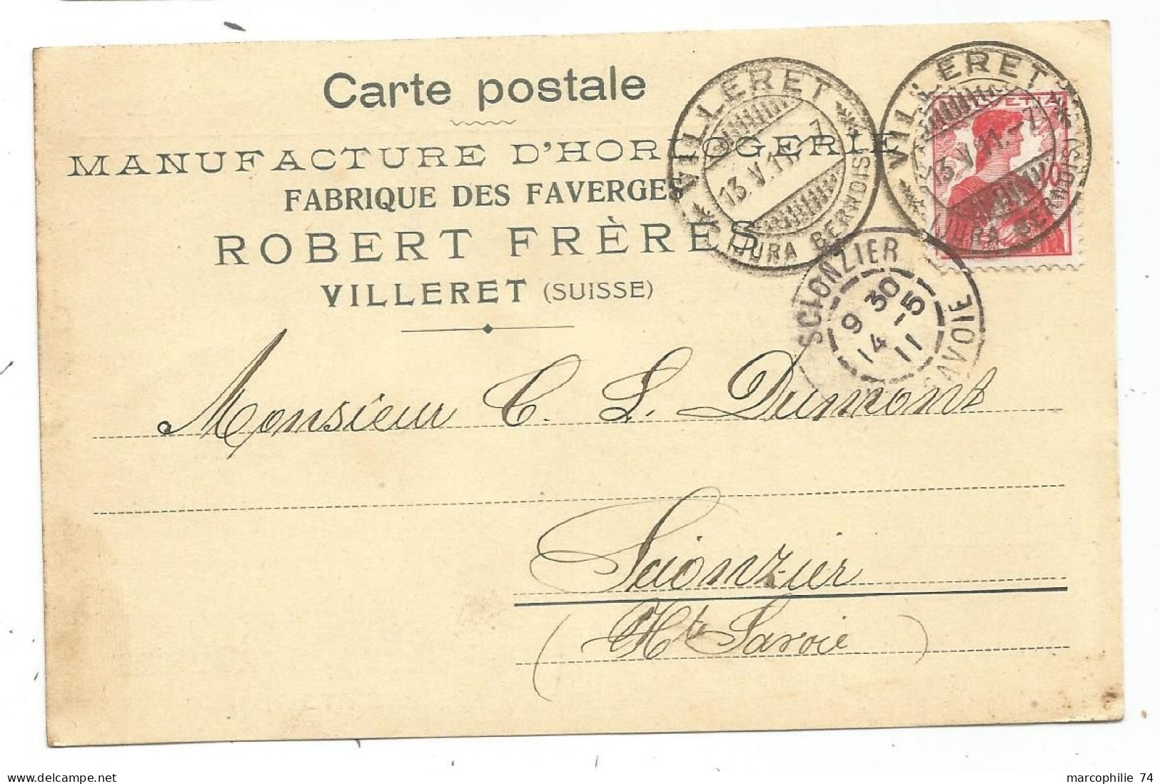 VILLERET JURA BERNOIS CARTE MANUFACTURE HORLOGERIE 1911 ROBERT FRERES FABRIQUE DES FAVERGES - Villeret