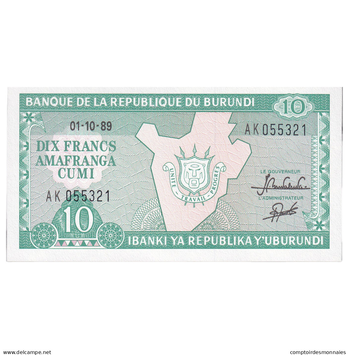 Billet, Burundi, 10 Francs, 1989, 1989-10-01, KM:33b, NEUF - Burundi