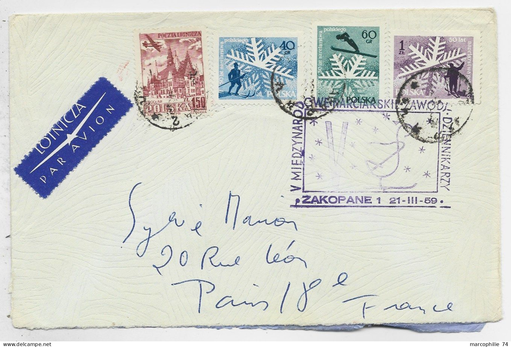 POLOGNE POLSKA POLAND LETTRE COVER  AVION SKI ZAKOPANE 21.III.1959 TO FRANCE - Brieven En Documenten