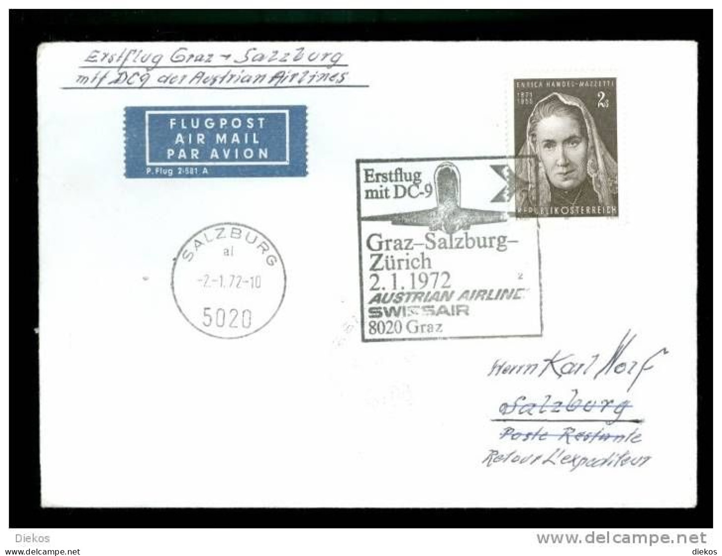 FIRST FLIGHT COVER Erstflug   AUA Graz - Salzburg 1972 #120 - Erst- U. Sonderflugbriefe