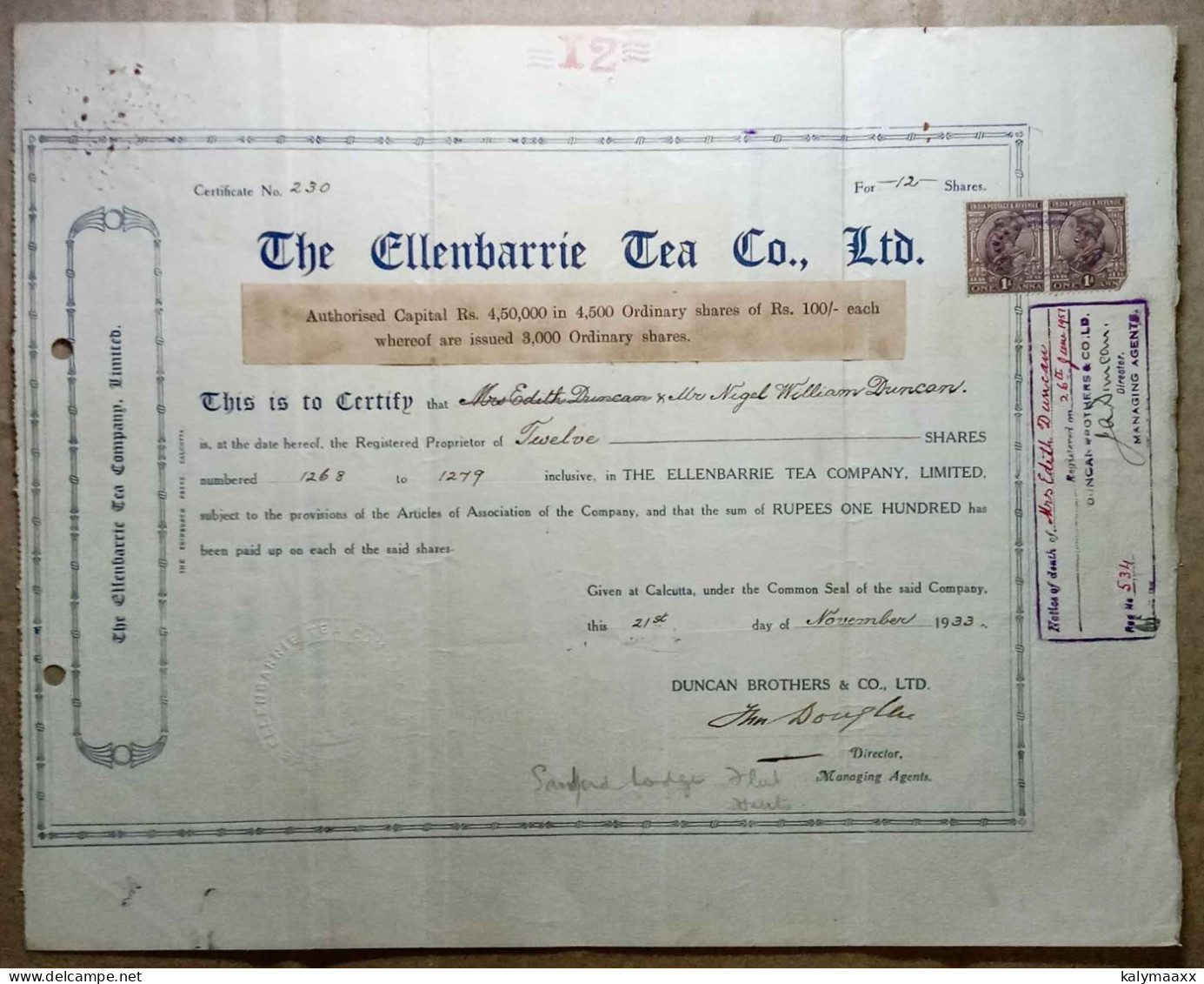 INDIA 1933 ELLENBARRIE TEA COMPANY LIMITED, TEA ESTATE, TEA GARDENS....SHARE CERTIFICATE - Agricoltura