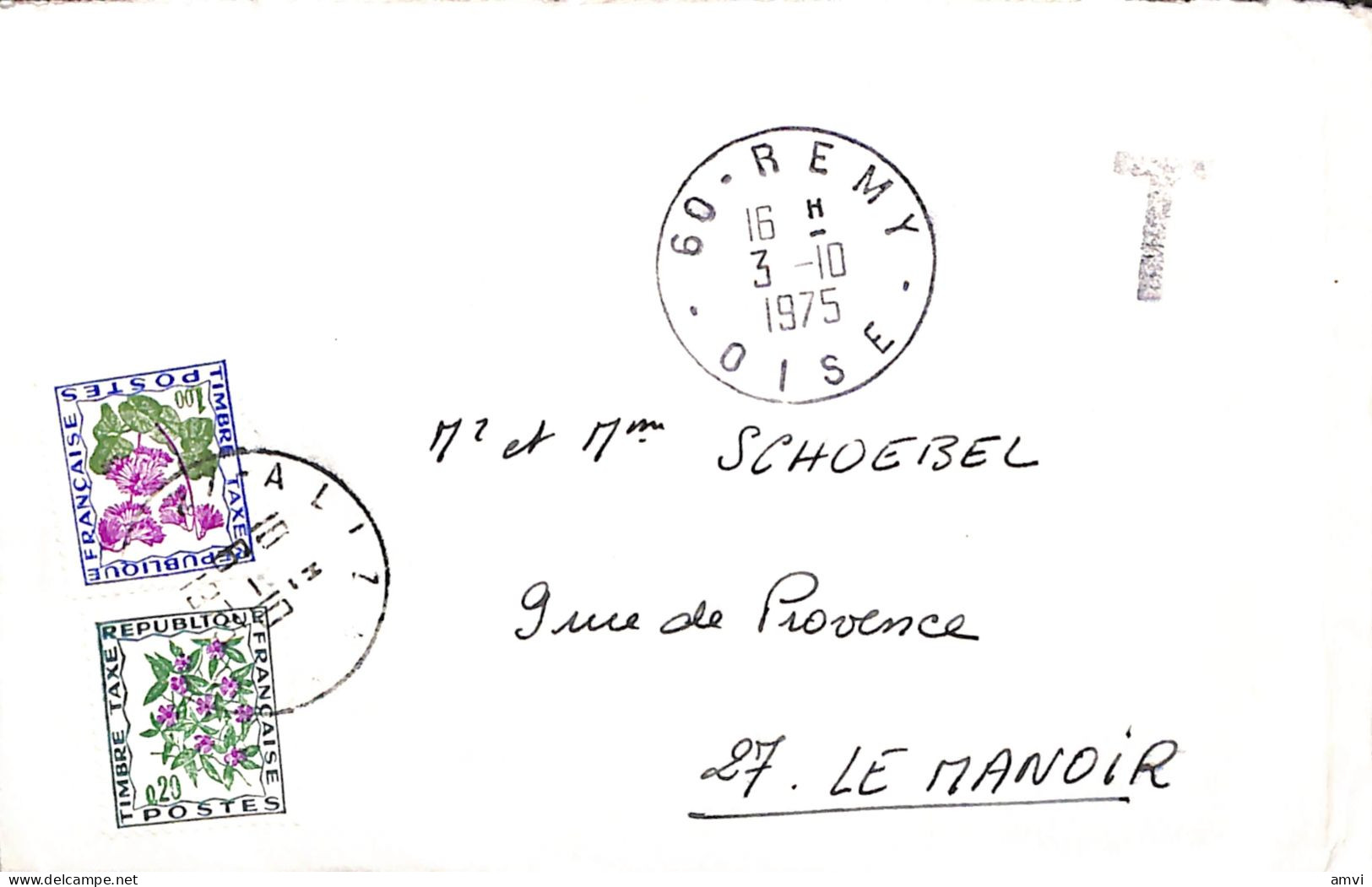 23-1229 Timbres Taxe Cachet T Sur Lettre 1975 60 Remy Oise - 1960-.... Lettres & Documents