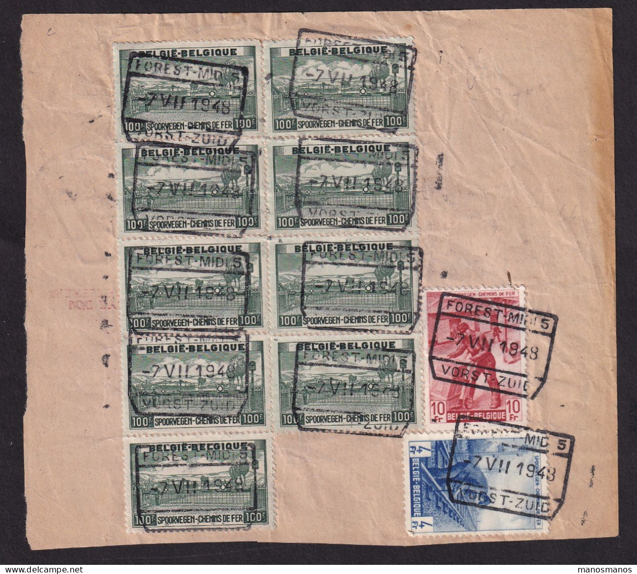 DDFF 157 - Timbres Chemin De Fer En MULTIPLES - 9 X 100 F - S/ Bulletin D' Expédition - Gare De FOREST MIDI 1948 - Documents & Fragments