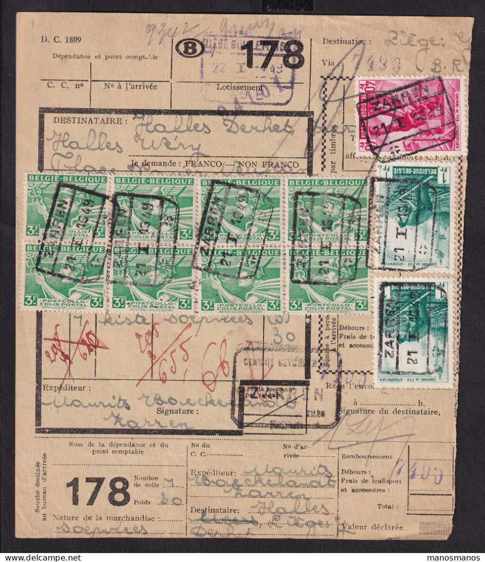 DDFF 158 - Timbres Chemin De Fer En MULTIPLES - 8 X 3 F - S/ Bulletin D'Expédition - Gare De ZARREN 1949 + Poids Reconnu - Documenti & Frammenti