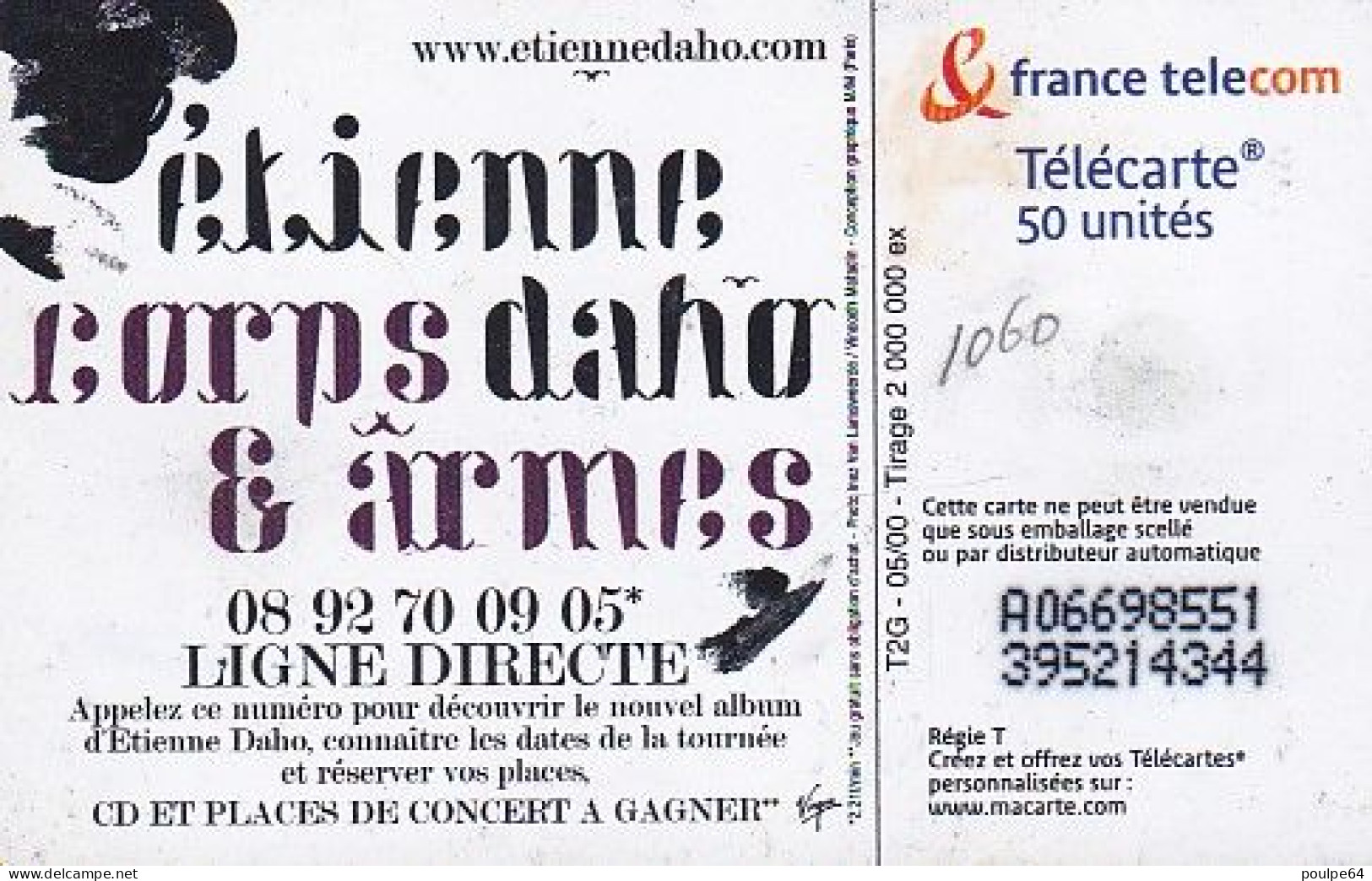 F1060  05/2000 - ETIENNE DAHO  - 50 SO3 - (verso : N° Petits - Deux Lignes Alignées) - 2000