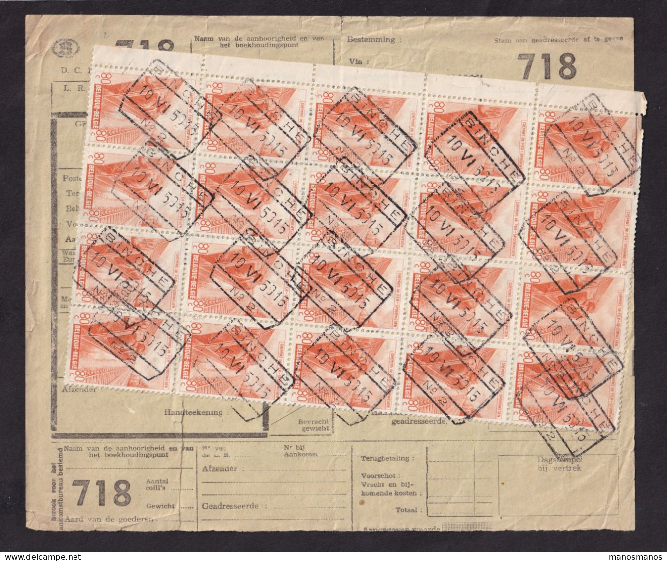 DDFF 159 - Timbres Chemin De Fer En MULTIPLES - Bloc Bdf De 20 X 0.80 F - S/ Bulletin D'Expédition - Gare De BINCHE 1950 - Documenten & Fragmenten