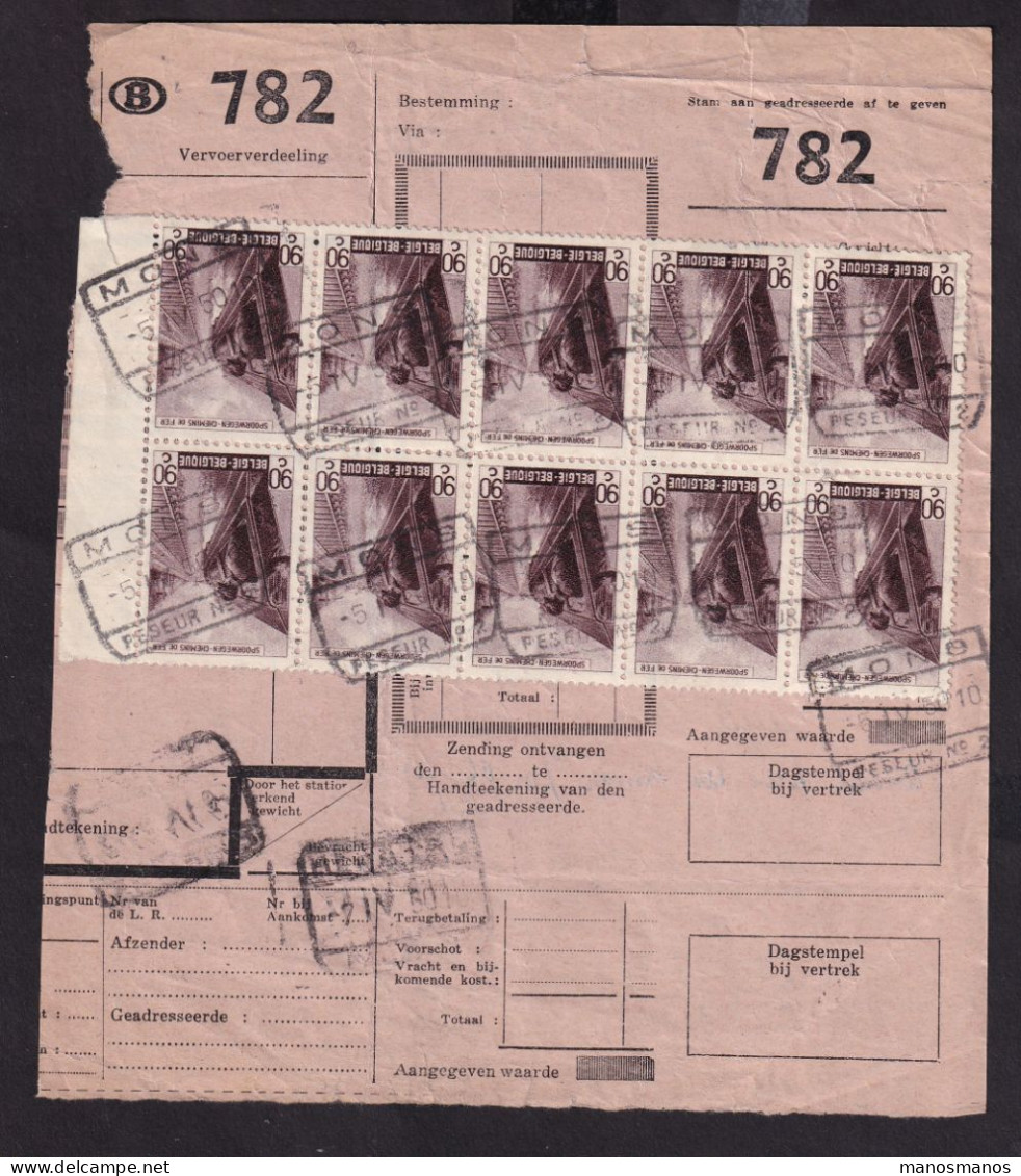 DDFF 160 - Timbres Chemin De Fer En MULTIPLES - Bloc Bdf De 10 X 0.90 F - S/ Bulletin D'Expédition - Gare De MONS 1950 - Documenti & Frammenti