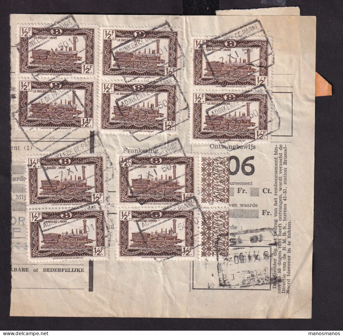 DDFF 161 - Timbres Chemin De Fer En MULTIPLES - 10 X 1/2 F (2 Marginaux) - S/ Bulletin D'Expédition - ADINKERKE 1950 - Documenti & Frammenti