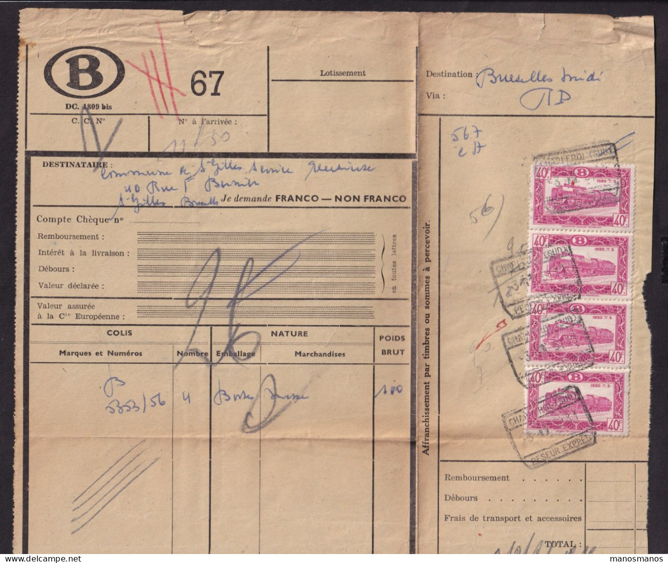 DDFF 163 - Timbres Chemin De Fer En MULTIPLES - 4 X 40 F - S/ Bulletin D'Expédition - CHARLEROI SUD 1951 - Dokumente & Fragmente