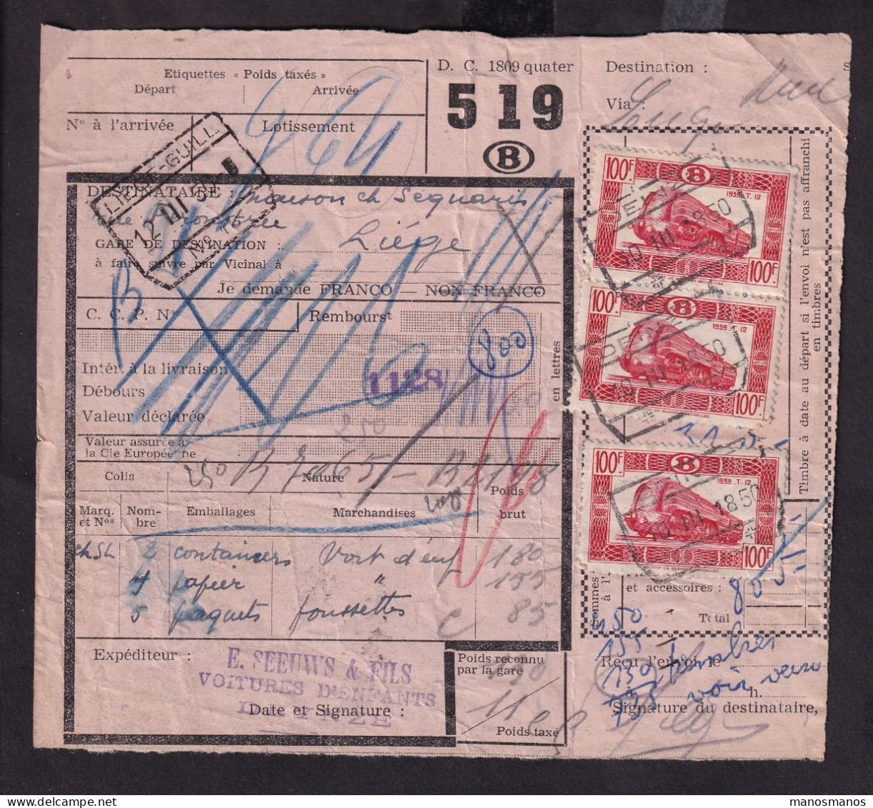 DDFF 165 - Timbres Chemin De Fer En MULTIPLES - 8 X 100 F - S/ Bulletin D'Expédition - DEINZE 1950 - Documenten & Fragmenten