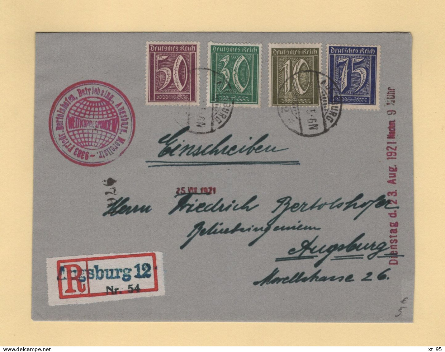 Allemagne - Augsburg - 1921 - Recommande - Briefe U. Dokumente